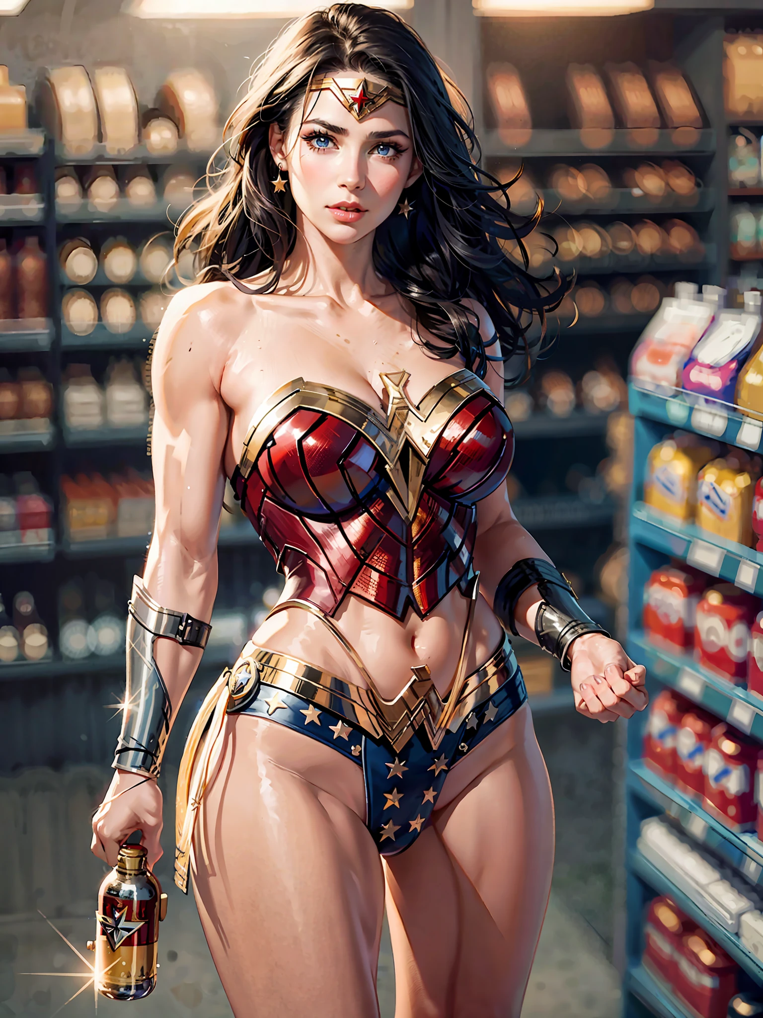 Wonder Woman holding a beer bottle, Masterpiece, Candid Photo, Wonder Woman, (delicate details, makeup), (delicate and beautiful delicate face, delicate and beautiful delicate eyes, face with perfect proportions), (delicate and radiant skin: 1.2), delicate skin, strong and realistic blue eyes, realistic black hair, lips, makeup, natural skin texture, tiara, jewelry, star \(symbol\), leotard, bulletproof gauntlet, red combat boots, golden belt, (public attire: 1.5), bare shoulders, Slightly sunburned, mature, sexy, elastic muscles, (muscles: 1.2), ((strong and healthy body)), (more) muscles))), long legs, curves, (big breasts: 1.3), thin waist, soft waist, (delicate skin), (beautiful and sexy woman), (swollen lips: 0.9), (eyelashes: 1.2), (skin hollows), very delicate muscles, breasts, solo, split, pretty face, perfect body, muscular, detailed face, realistic skin details, clear focus, Realistic face, realistic skin, detailed eyes, detailed facial features, (in colorful supermarket), despair, tired, open mouth, mature woman, high detail, very detailed, retro,
