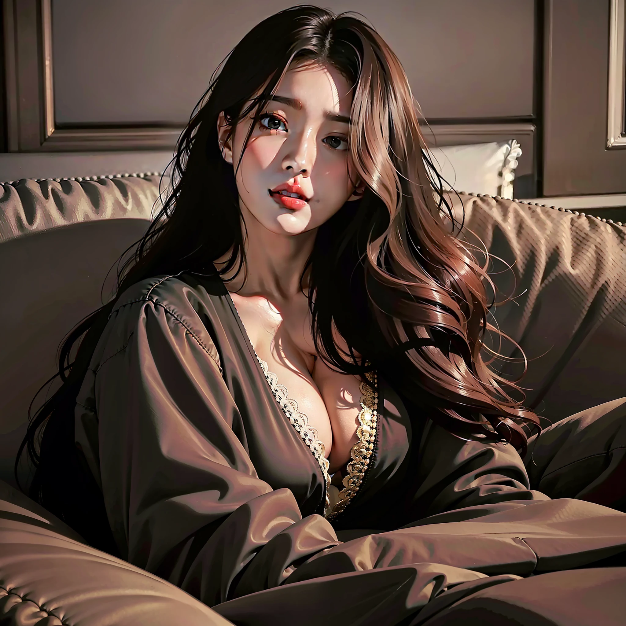 Best quality, masterpiece, high resolution, 8k uhd, high quality, high resolution, 4k, 8k, y pajamas, sitting on sofa, brown big wavy hairstyle, perfect figure