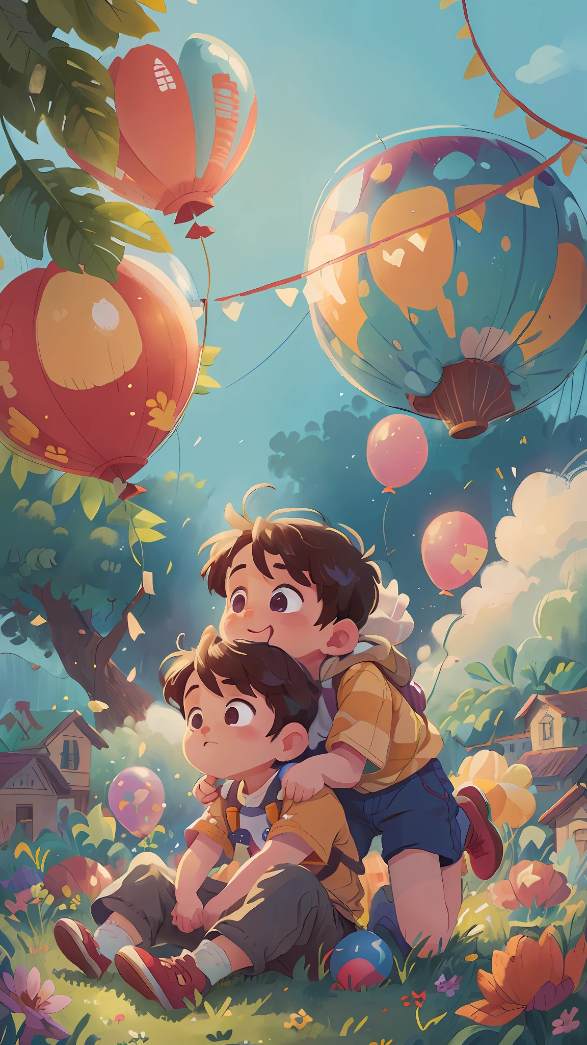 Little boy sitting on his father's shoulders, colorful balloons floating in the sky, meadow, dancing, holding flowers, happy, happy, perfect quality, clear focus (clutter - home: 0.8), (masterpiece: 1.2) (Realistic: 1.2) (Bokeh) (Best quality) (Detailed skin: 1.3) (Intricate details) (8K) (Detail Eyes) (Sharp Focus), (Happy)