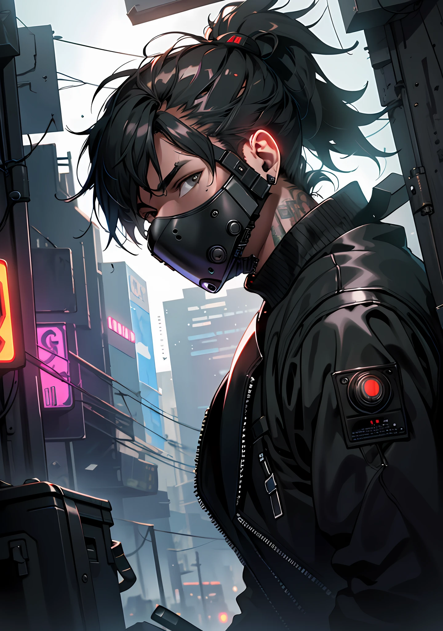 ultra detail, high resolution, ultra detailed, best quality, amazing, top quality, extremely detailed CG unity 8k wallpaper, cinematic lighting, cyberpunk, dark boy, trash gang facemask