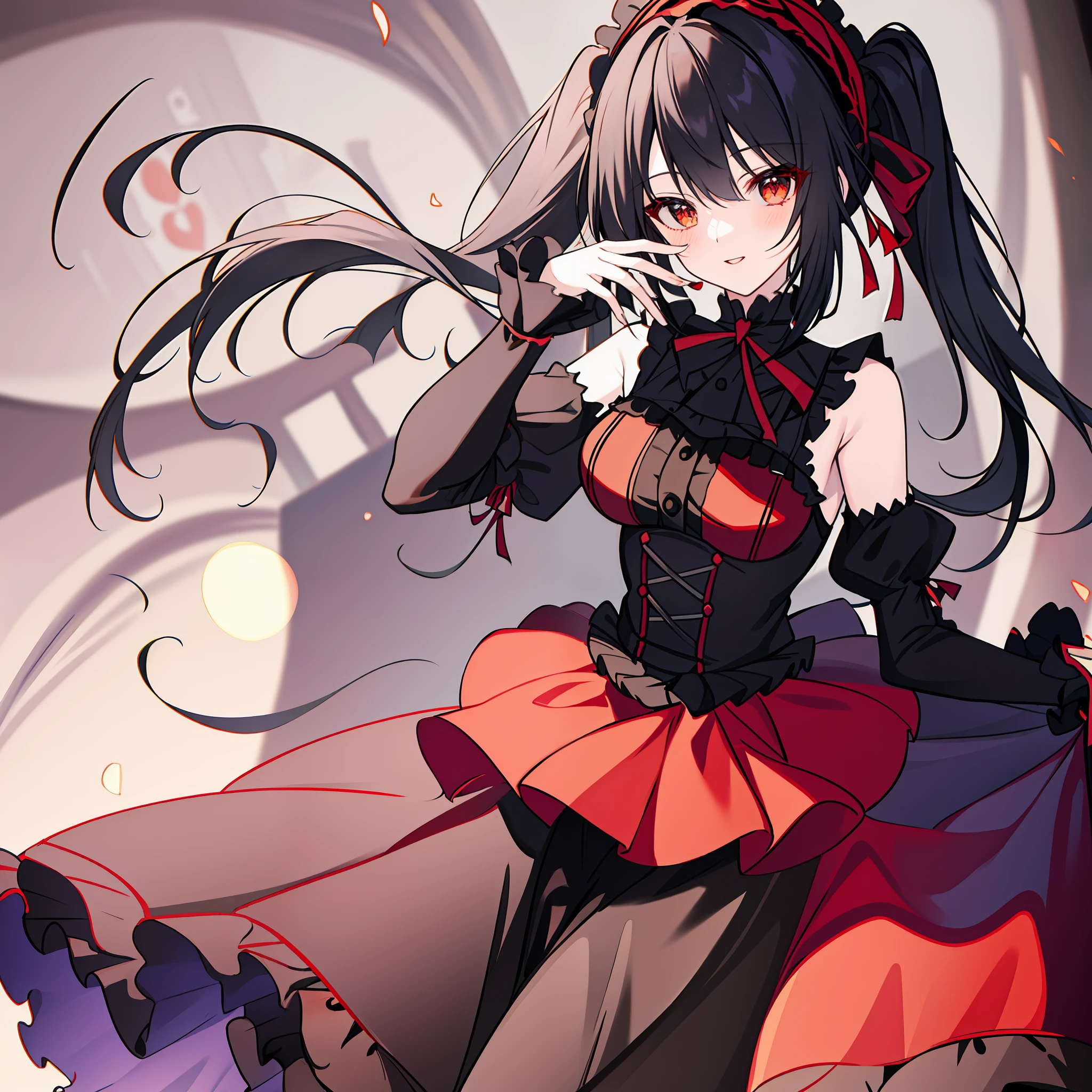 Background plain, 18-year-old beautiful girl, ((((Masterpiece)))), (((Best Quality))), ((((Very detailed)))), detailed fingers, illustration, 1 girl, Solo, Odd-eyed, Black hair twin tails, Shoulder out, Wide open chest, Red and black goth style costume, Red skirt with black frills, Black garter stockings, Black shoes, Royal Elegant Pose, KURUMI,