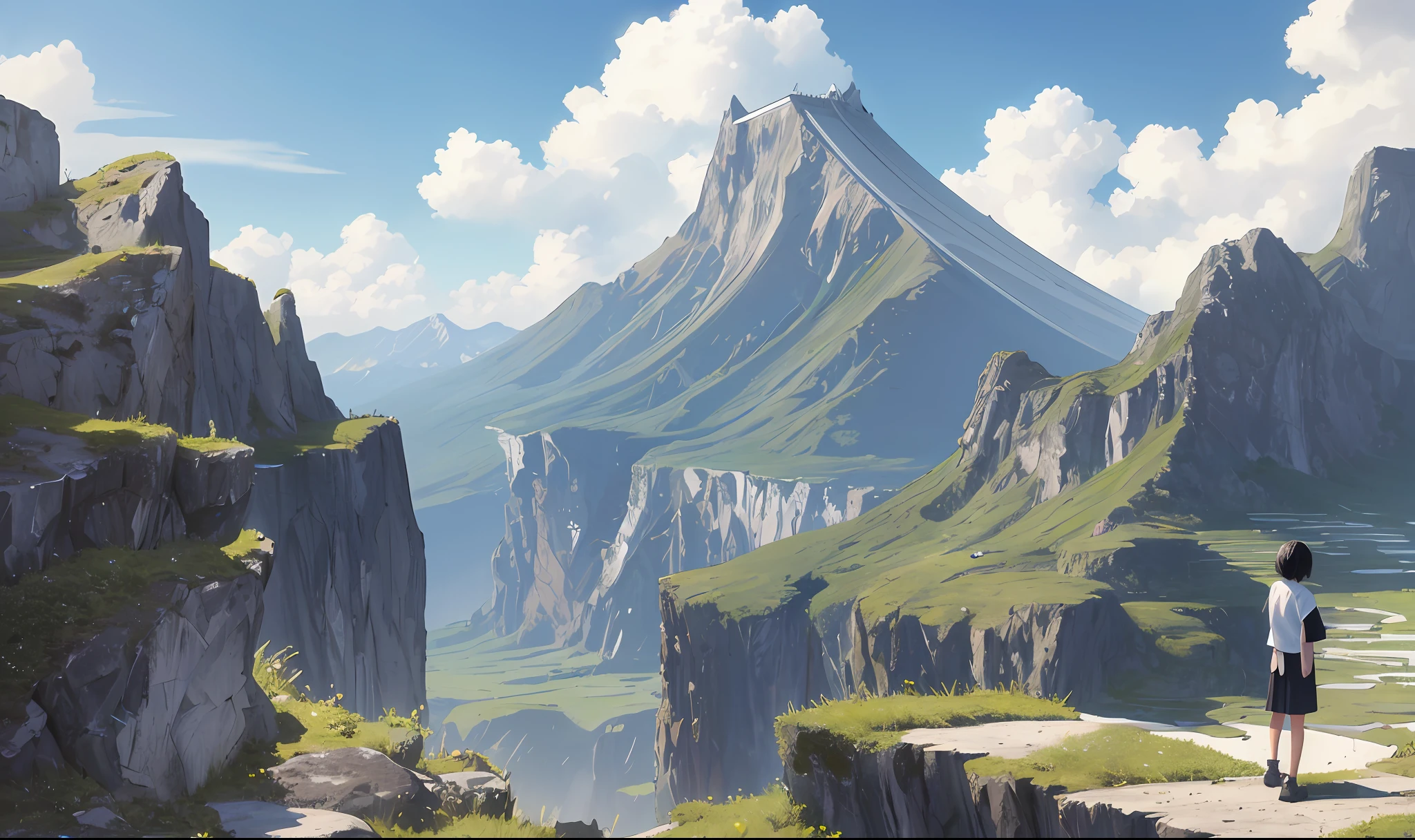 anime, work, top quality, ultra_detailed, 1 girl, upper body, black hair Japan, white shirt, short sleeves, middle chest, silver hair, shirt, landscape, back facing, landscape, spacious beautiful landscape,