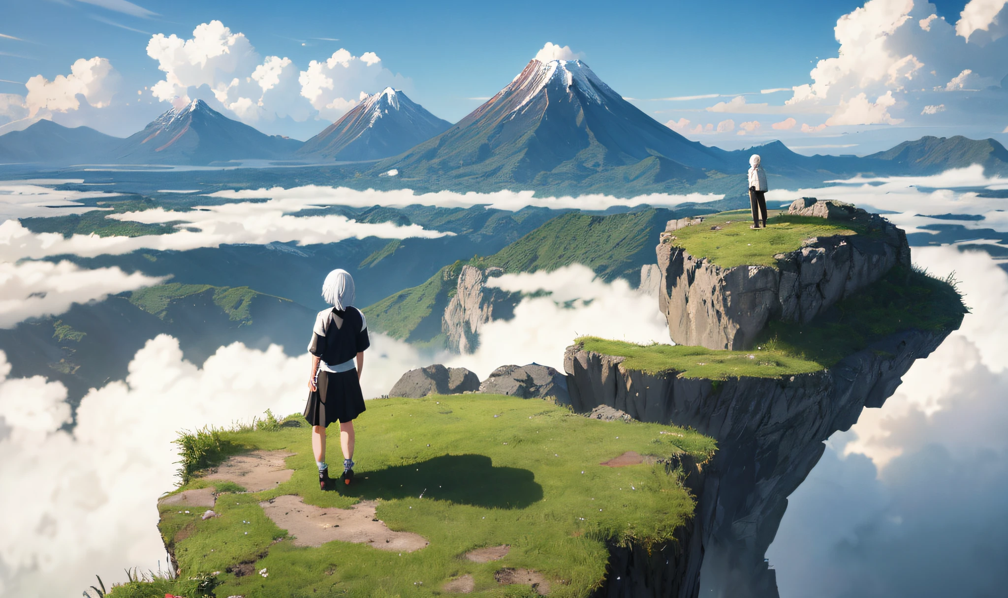 anime, work, top quality, ultra_detailed, 1 girl, upper body, black hair Japan, white shirt, short sleeves, middle chest, silver hair, shirt, landscape, back facing, landscape, spacious beautiful landscape,
