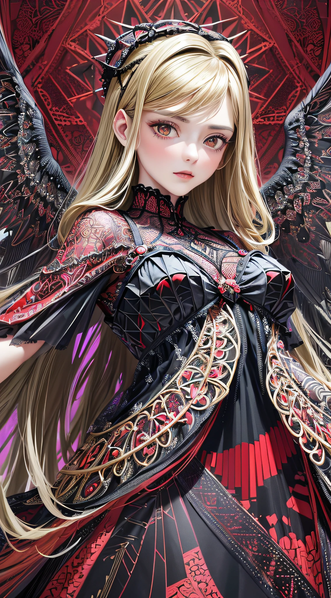 masterpiece, best quality, absurdres, 1girl with black angel wings, slender, (black and red lace frills dress, geometric arabesque patterns, abstract zentangle background:1.4), wide angle, bloom, glow, dynamic lighting, dramatic lighting, gold ornaments, blonde hair, photorealistic, highres, detailed face and eyes, sharp pupils, realistic pupils, sharp focus, (highest detailed, extreme detailed, ultra detailed, finely detail:1.5), --s2