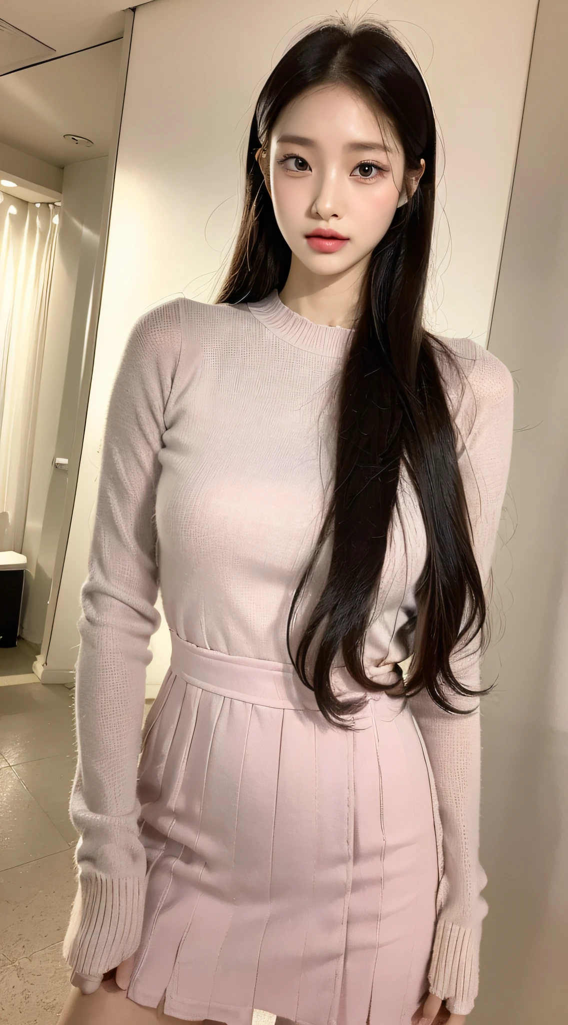 Korean women, goddess, long hair, delicate skin texture and cloth texture, delicate eyes, long eyelashes, double eyelids, upper body, hotel, 8k, highest image quality, masterpiece, super high resolution: 1.2, beautiful female photo with theme of girly elegant style, alafi in dress, (zettai ryouiki), elegant cut dress, cashmere fabric, feminine in cute pastel tones, feminine in pastel tones, wearing smooth dresses, soft tones, pastel colors, Light color clothing, pastel tones, pastel clothing, Korean female fashion model, pastel style, multi-layer clothing, wearing elegant clothing, soft and cute colors