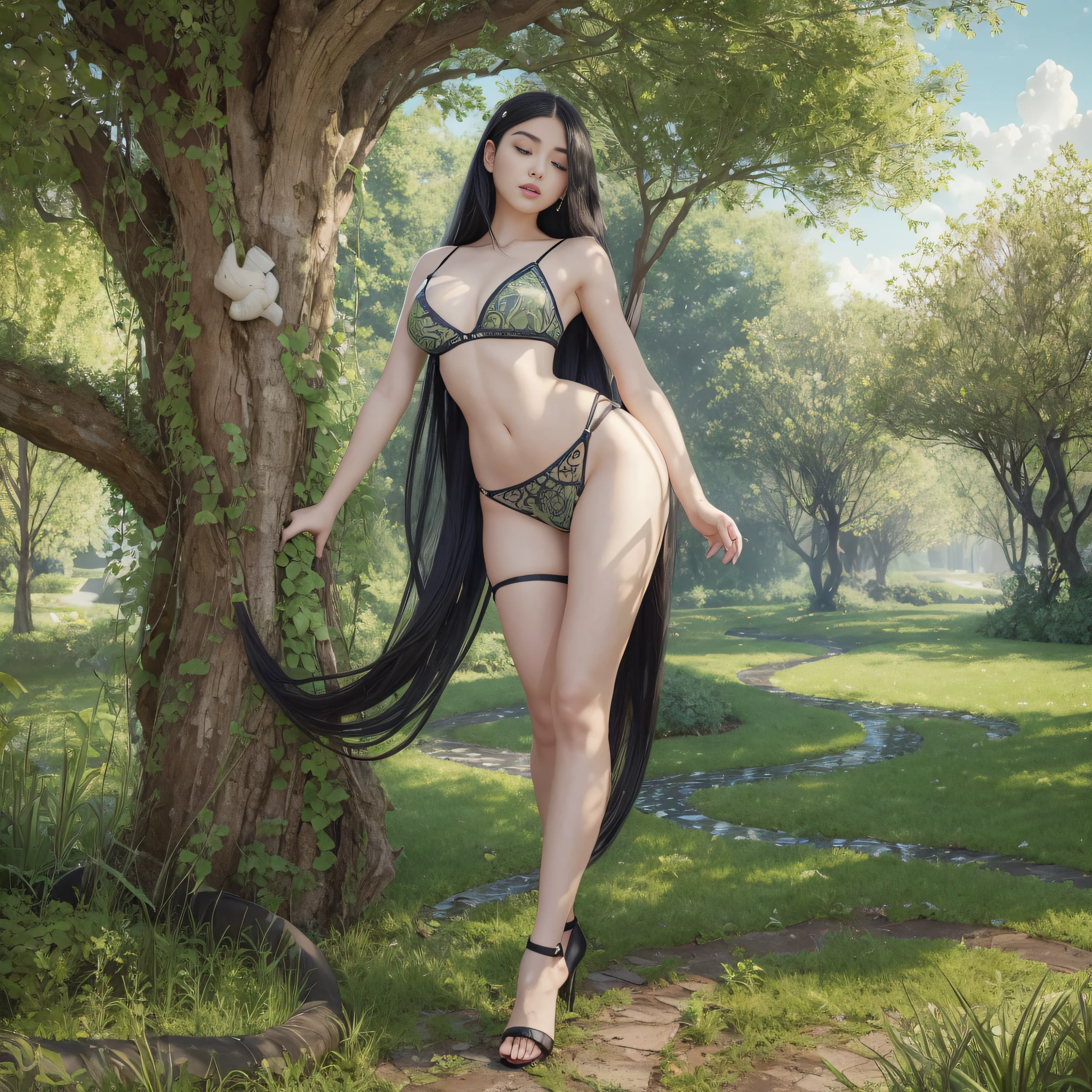 Full body, EVA Rapunzel girl with graceful figure with black hair in the Garden of Eden, girl's body sexy, legs long and graceful, graceful ankles, in the background tree of life on which serpent tempts and red apple of life knowledge, serpent tempts girl, photorealism, super detailed, site 500px, contrast lighting, outline around girl, fill light is soft, 32k