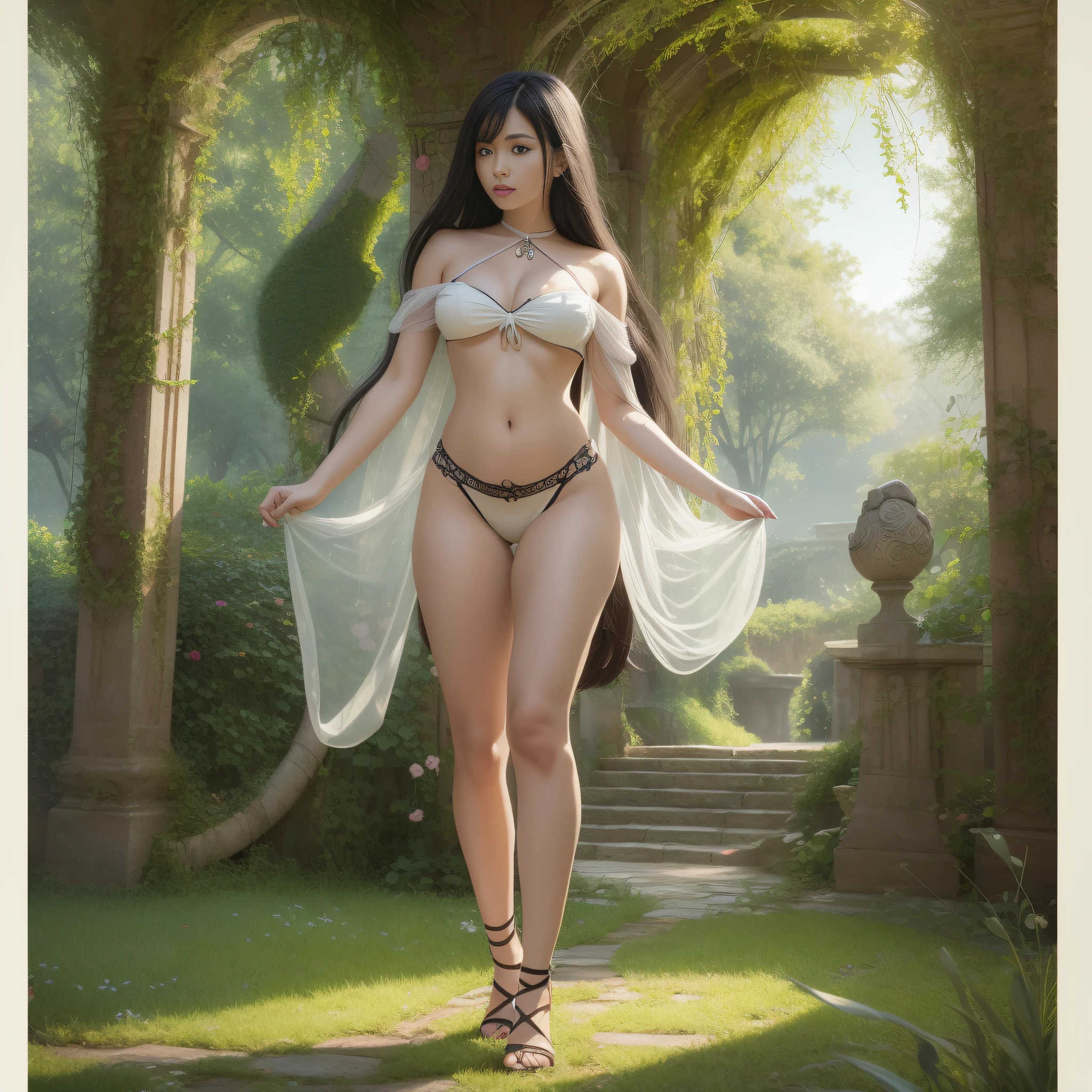 Full body, EVA Rapunzel girl with graceful figure with black hair in the Garden of Eden, girl's body sexy, legs long and graceful, graceful ankles, in the background tree of life on which serpent tempts and red apple of life knowledge, serpent tempts girl, photorealism, super detailed, site 500px, contrast lighting, outline around girl, fill light is soft, 32k