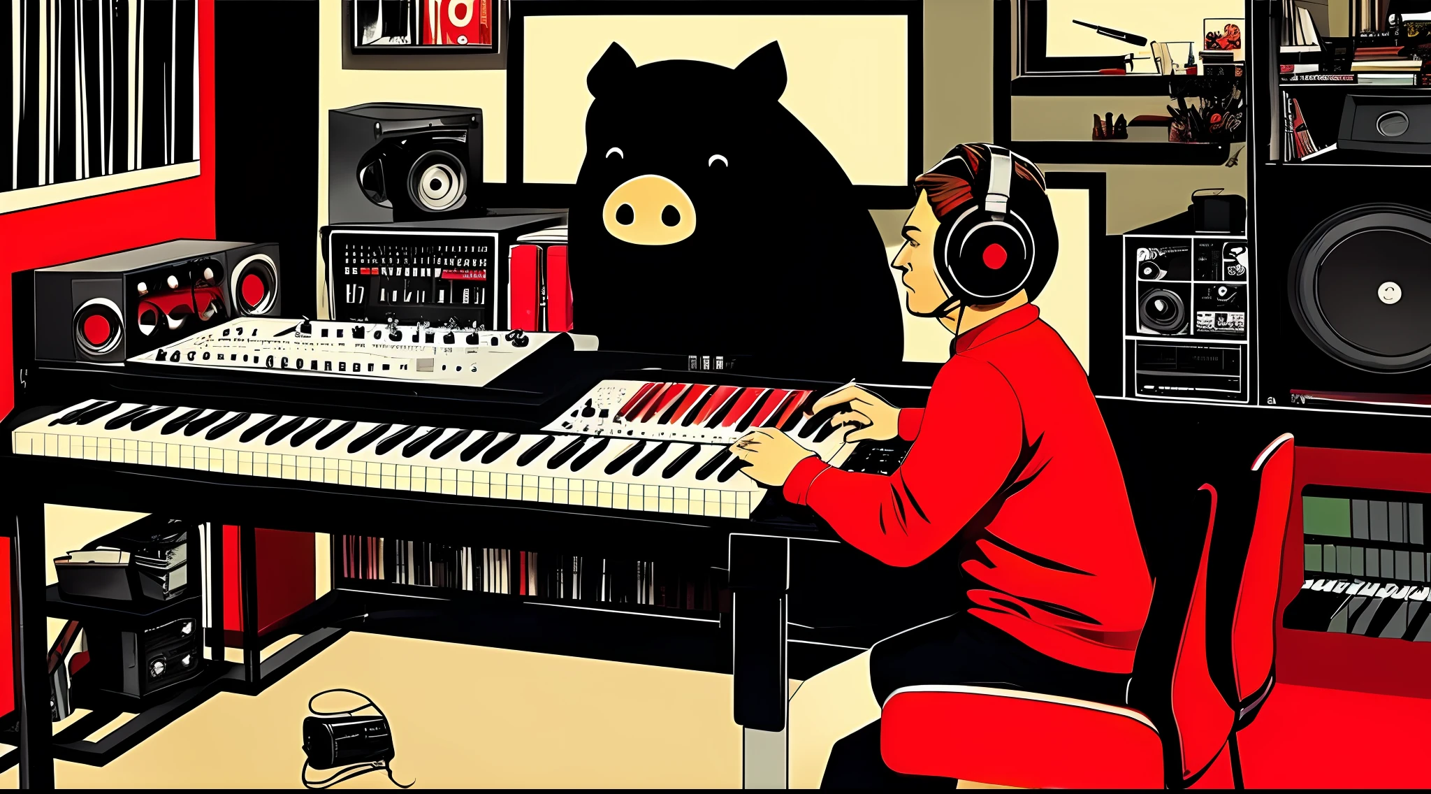 there is a black pig as a music producer sitting at a desk with a keyboard and headphones, keyboardist, in his basement studio, using synthesizer, tredning on art station, sitting at desk at keyboard, playing techno house music, tranding on art station, mixing, music being played, jamming to music, stunning illustration by Milton Caniff, duotone, two colors, black and red colors, drawing, painting, ink, masterpiece