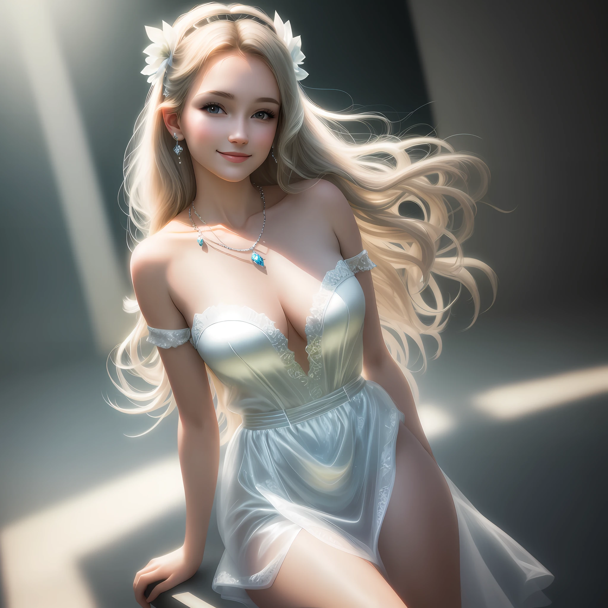 Best Quality, Masterpiece, High Resolution, 1Girl, Sexy, Smile, Nude, Clear Porcelain Dress, Princess, Hair Accessories, Necklaces, Jewelry, Beautiful Face, Physically, Tyndall Effect, Realistic, Shadow Studio, Edge Lighting, Two-Color Lighting, (High Detail Skin: 1.2), 8K UHD, DSLR, Soft Light, High Quality, Volumetric Light, Voyeur, Photo, High Resolution, 4K, 8K, Background Blur,