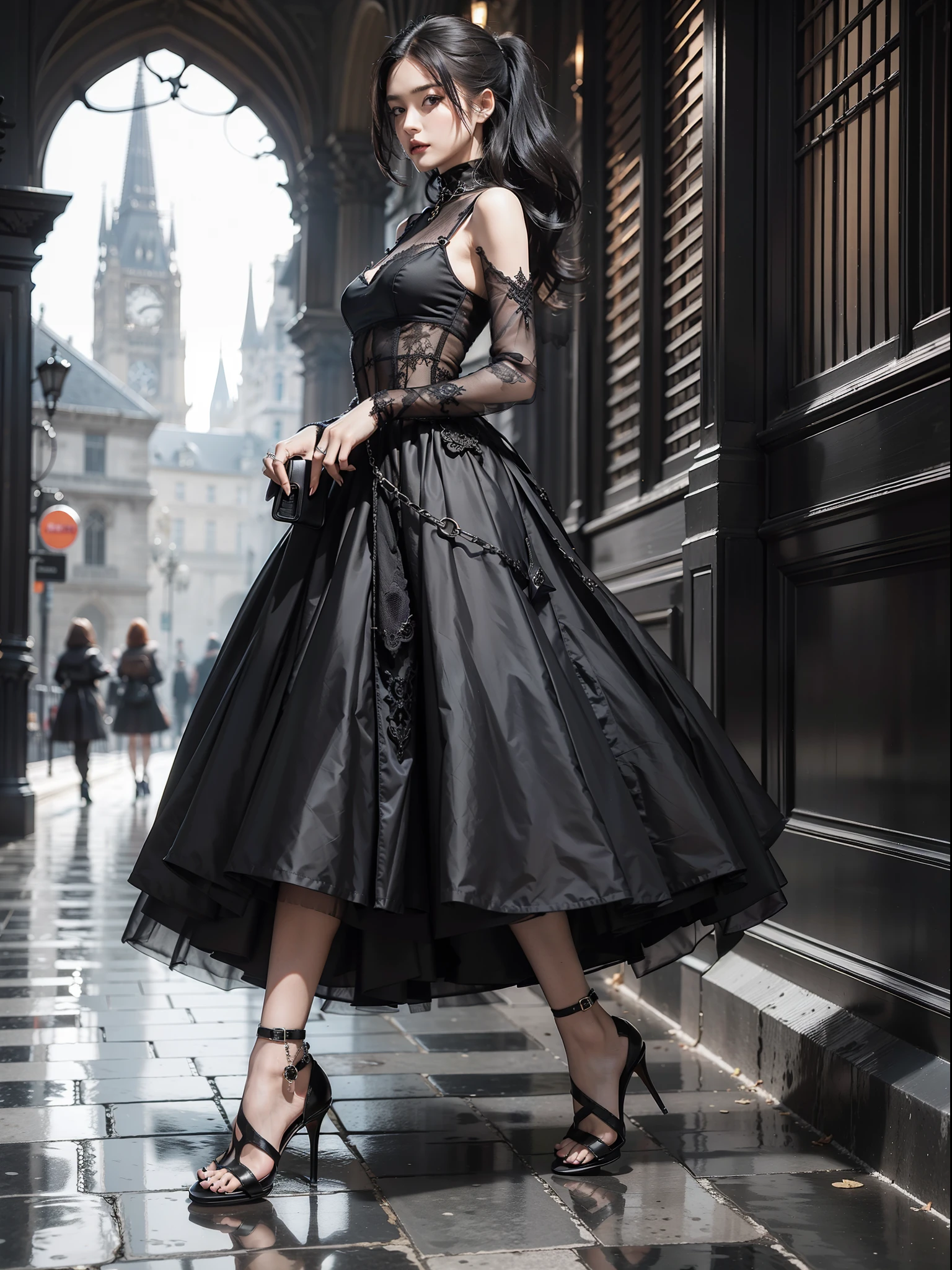 A pair of shoes, high heels, gothic, dark wind, high street, Balenciaga style, Gothic palace in the background, openwork