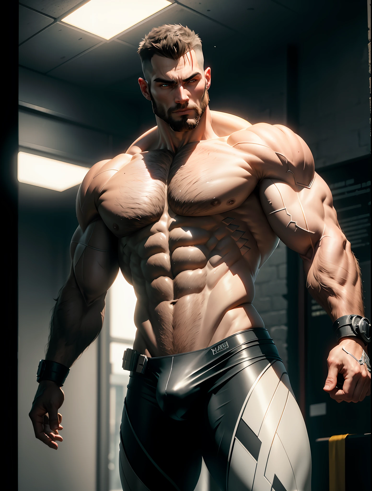 The most attractive muscular hairy masculer man, chisled features, asthetic physique, buzzcut, half man half robot, metallic muscle shapes, ((Best quality)), ((masterpiece)), (detailed:1.4), 3D, an image of a the most attractive masculine masculer male, huge crotch bulge, part machine part muscular body, HDR (High Dynamic Range),Ray Tracing, NVIDIA RTX,Super-Resolution,Unreal 5,Subsurface scattering,PBR Texturing,Post-processing,Anisotropic Filtering,Depth-of-field,Maximum clarity and sharpness,Multi-layered textures,Albedo and Specular maps,Surface shading,Accurate simulation of light-material interaction,Perfect proportions,Octane Render,Two-tone lighting,Wide aperture,Low ISO,White balance,Rule of thirds,8K RAW, full body view,