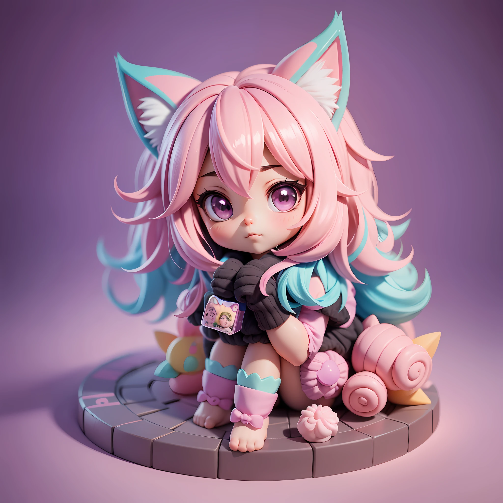 1girl, fullbody, cat ears, candy hair, fluffy cat tail, chibi, sd character, cute 3d render, blender, kawaii, chibi, 4k, candypunk character, render of a cute 3d anime girl, adorable digital painting,official art, hq render, beautiful lighting, simple background, pastel colors, cute face,natural light, best quality, ultra detail, 3d art, ((soft pastel color palette))
