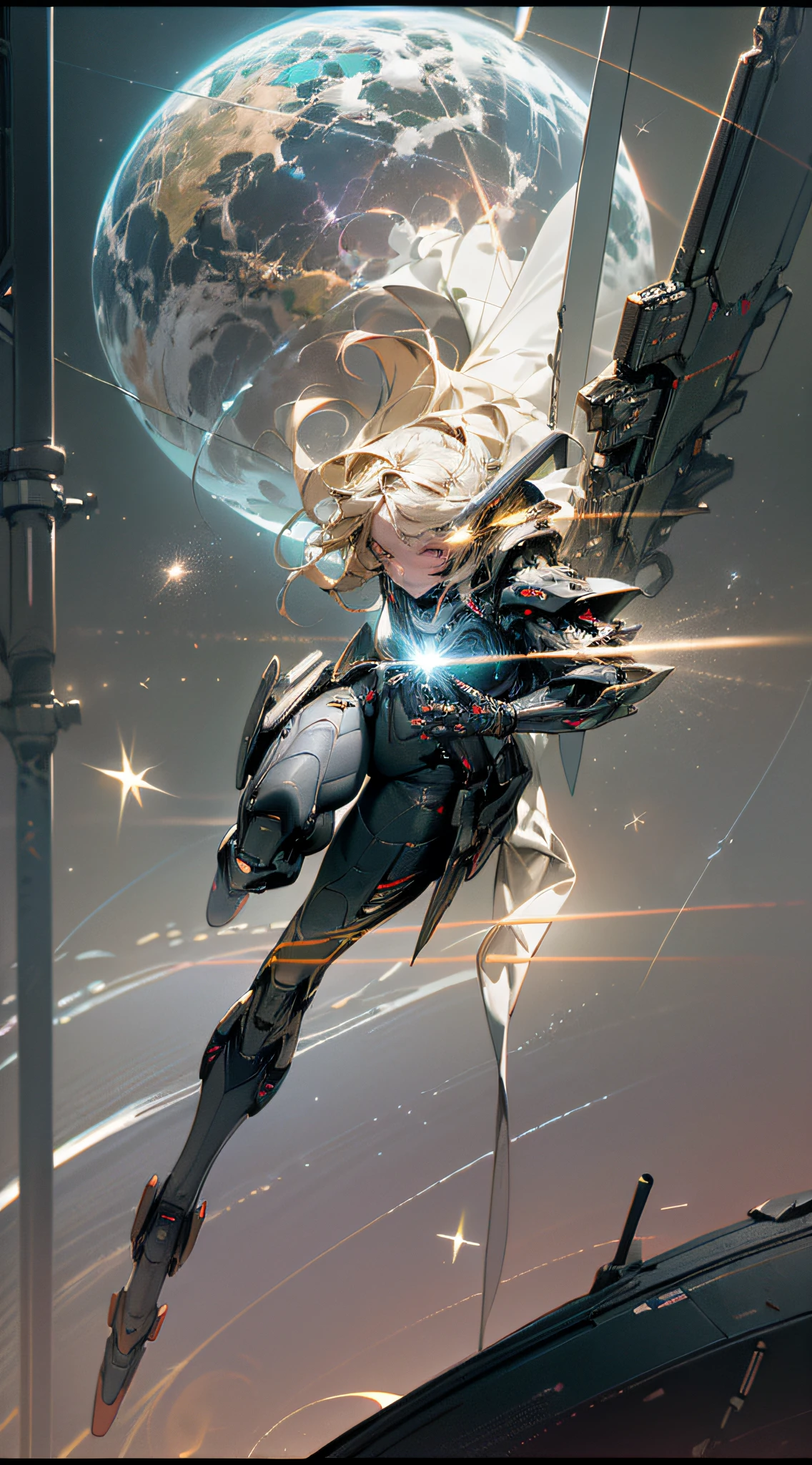 ((Best quality)), ((masterpiece), (highly detailed:1.3), 3D, Pretty, (cyberpunk:1.2), In Space, Nebula, holding_weapon, (1Female mecha:1.3), facing the audience, beautiful face, golden eyes, long white-blond hair, long silky hair, full body, (flying, diving down, dynamic, Motion Blur: 1.4), (Giant Mech Wings: 1.6), Look Up, glowing_eyes, Mecha, Panorama, Earth, Blue Planet, Ring Circle, Nebula, Starlight, Space, Particle, Reality, HDR (High Dynamic Range), Ray Tracing, NVIDIA RTX, Super Resolution, Unreal 5, Subsurface Scattering, PBR Texture, Post Processing, Anisotropic Filtering, Depth of Field, Maximum Sharpness and Sharpness, Multi-layer Texture, Albedo and Specular Mapping, Surface shading, Accurately Simulating Light-Material Interactions, Perfect Proportions, Octane Render, Duotone Lighting, Large Aperture, Low ISO, White Balance, Rule of Thirds, 8K RAW, High Efficiency Sub-Pixel, Subpixel Convolution,