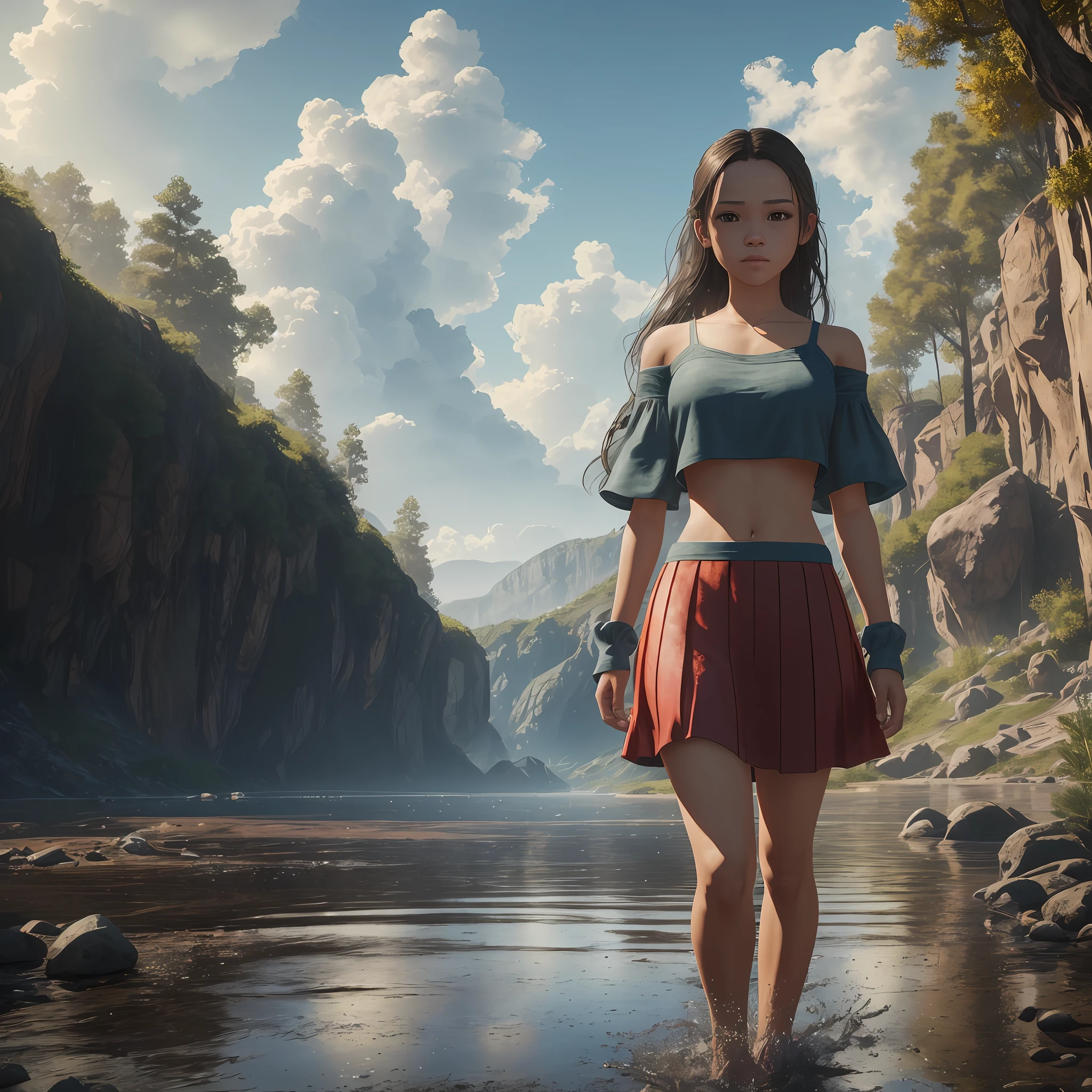 (Jenna Ortega: 4.0), (croptop: 1.2), (Long skirt: 1.2), (wet hair), soaked, rain, wet clothes, (groin: 1.1), (groin: 1.1), (focus on face: 1.1), collarbone, belly button, natural light, extremely detailed, 8yk, raw photo, high level of detail, (ray tracing), (masterpiece), (best quality), high resolution, (realistic: 1.8), physically based representation, ultra-realistic, full body --auto --s2