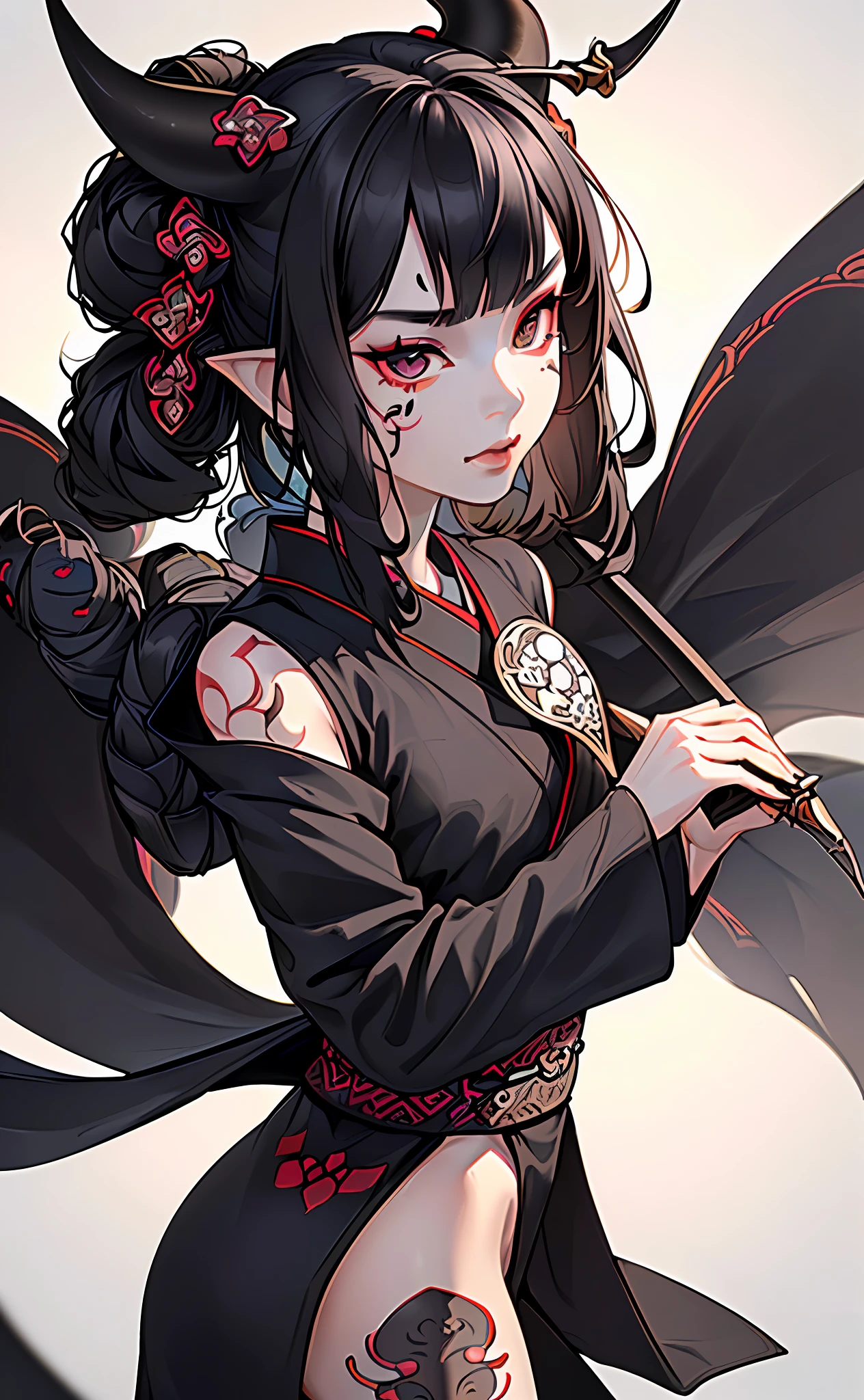 (photorealistic:1.3), masterpiece, best quality, (intricate details:1.2), (scenery:1.3), beautiful face, (black theme:1.3),
(((1girl, a girl in patterned kimono holding a dagger in her hand, (look at veiwer:1.3), (face tattoo:1.2), small oni horn,
))), full body, split in half