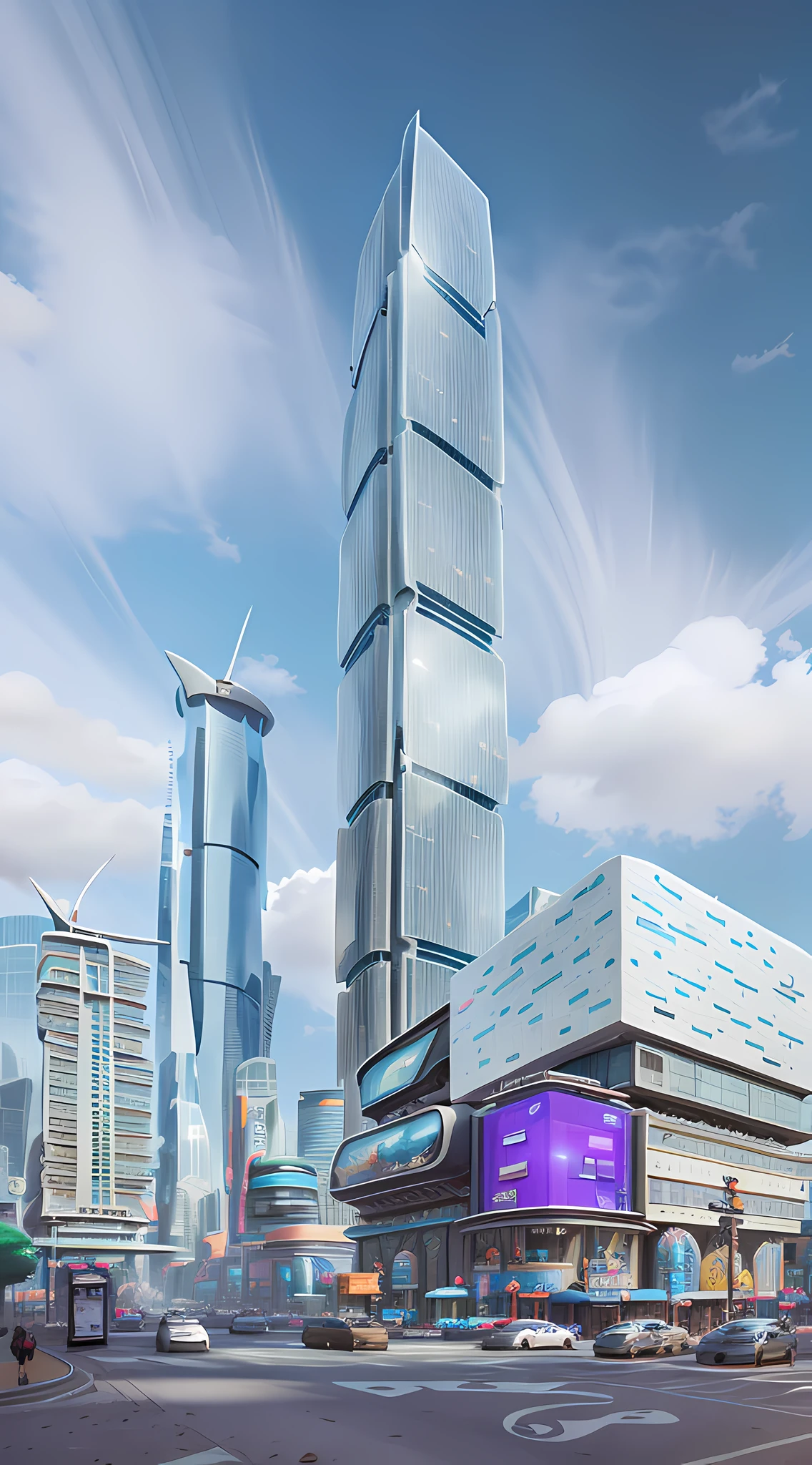 Bustling futuristic cityscape with skyscrapers and hovercars in between. In the center of the city is a huge building with blue sky and white clouds. Justin Maller's overall tone is lighthearted and whimsical