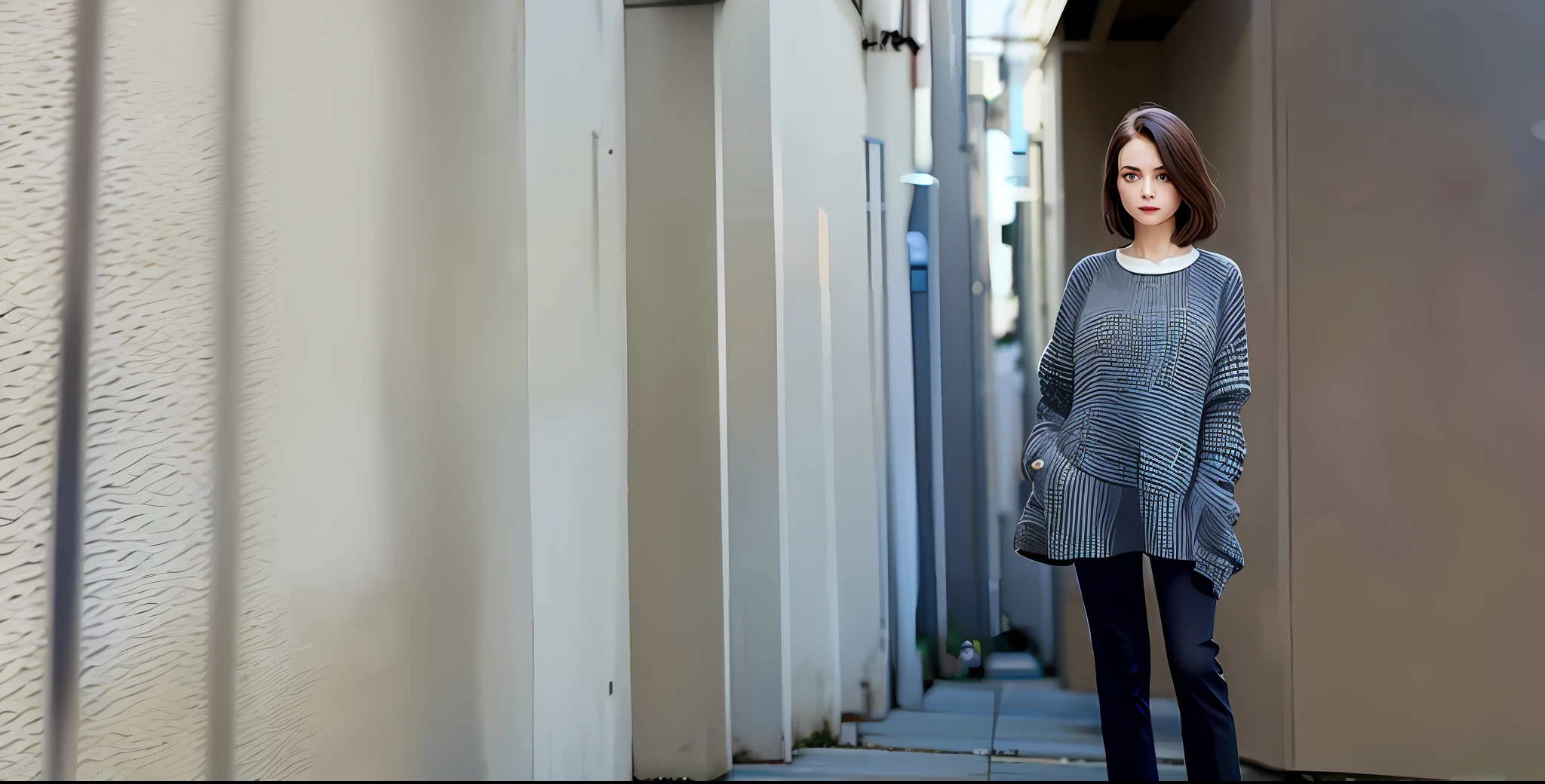woman, sweater, pants, wall