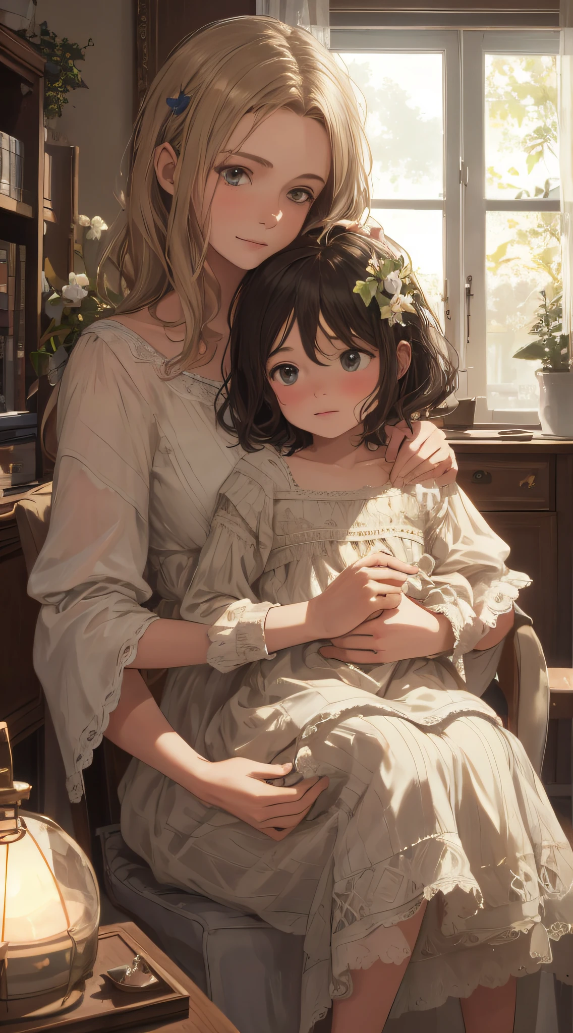 Realistic, (best quality, masterpiece: 1.3), (mother, child: 1.2), in the room, with lights on