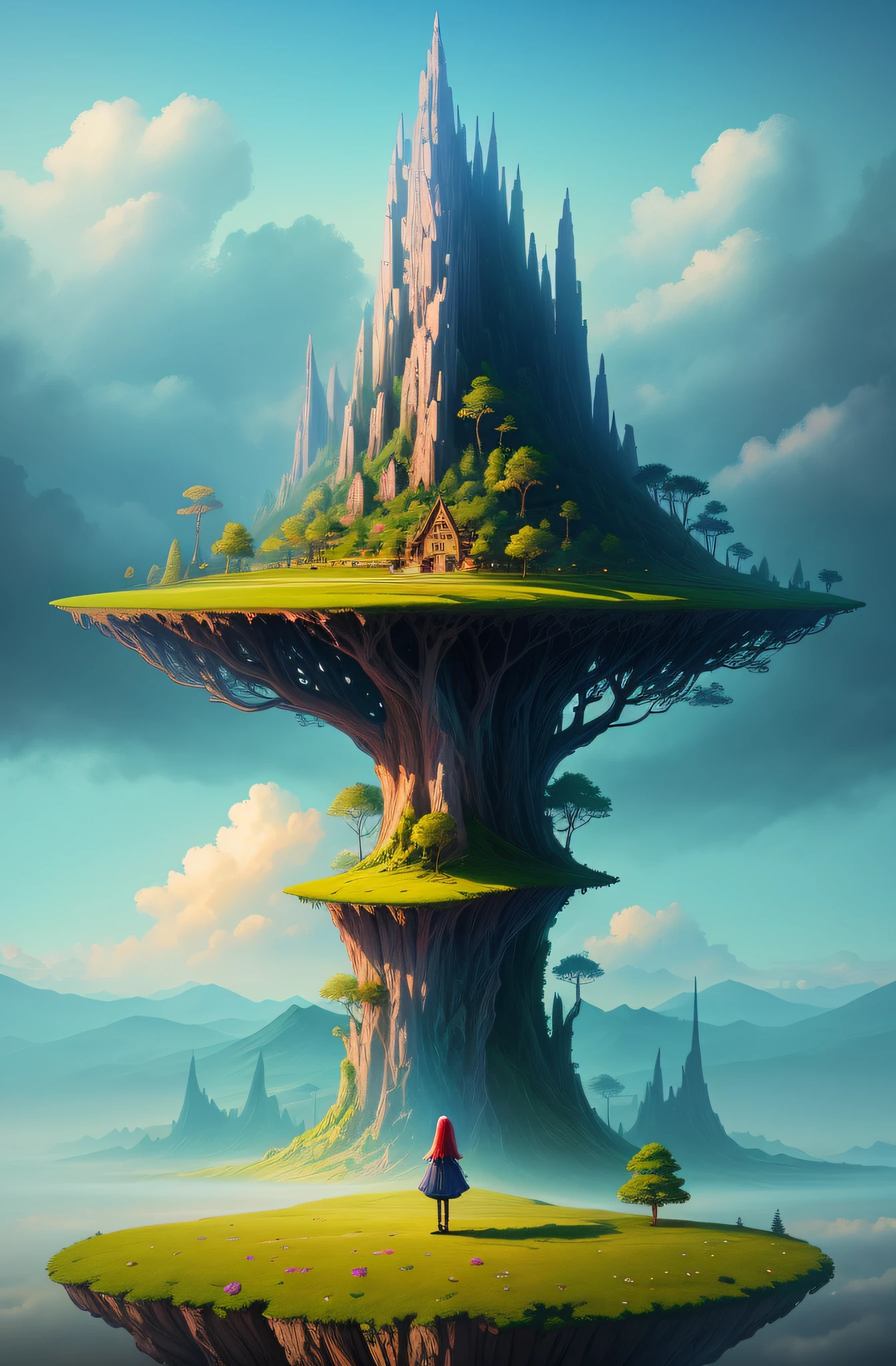 Mysterious and magnificent landscapes. Featuring fantastic and surreal worlds of floating islands, giant trees, and mythical creatures, it takes the viewer into a world of imagination and wonder. art station, digital art, complex and trendy, bright colors, girl standing