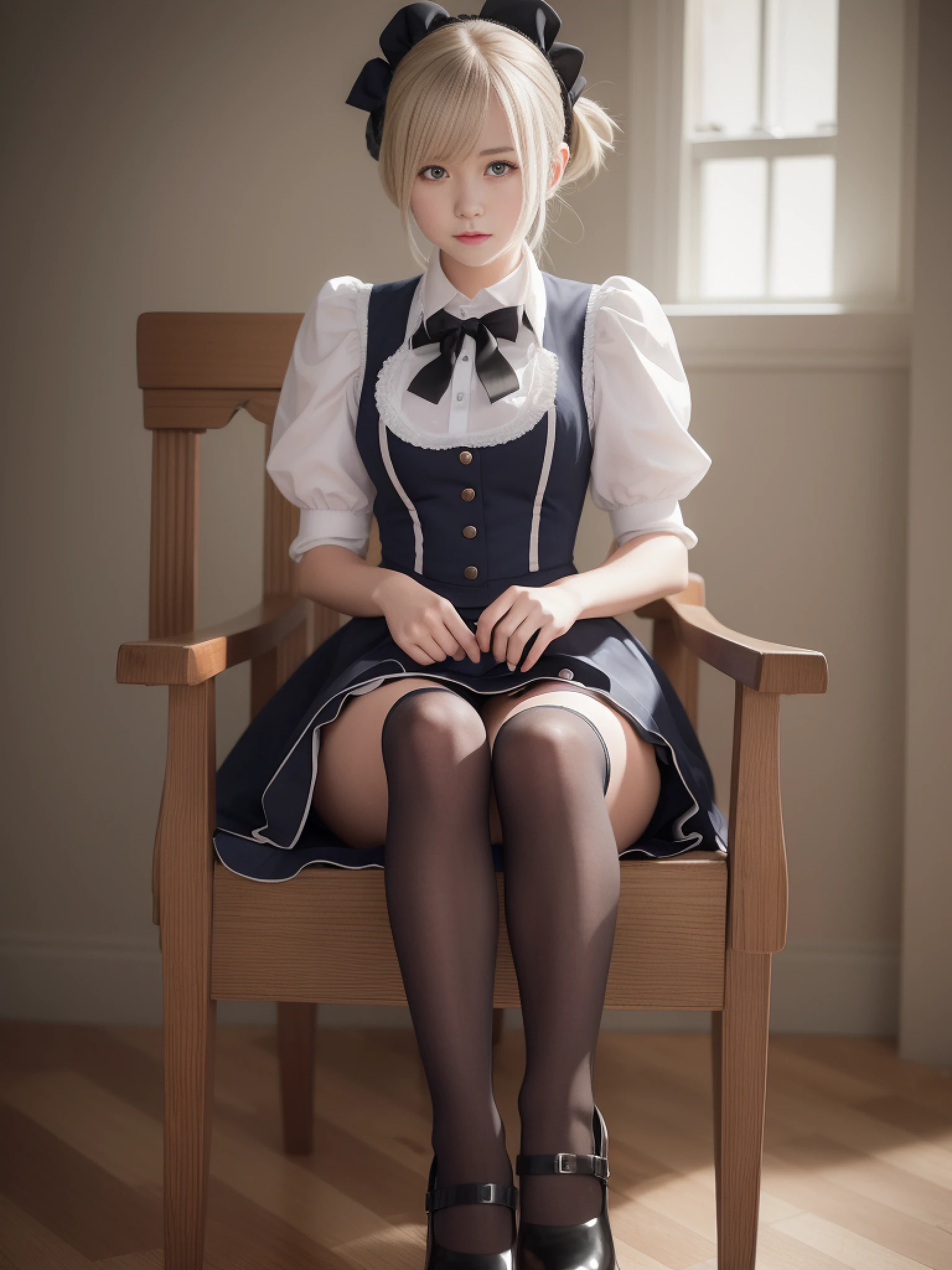 woman in a skirt and stockings sitting on a chair, gapmoe yandere grimdark, gapmoe yandere, realistic schoolgirl, hyperrealistic schoolgirl, 2b, 2 b, woman in a maid costume, woman in a maid costume, the woman is crouching