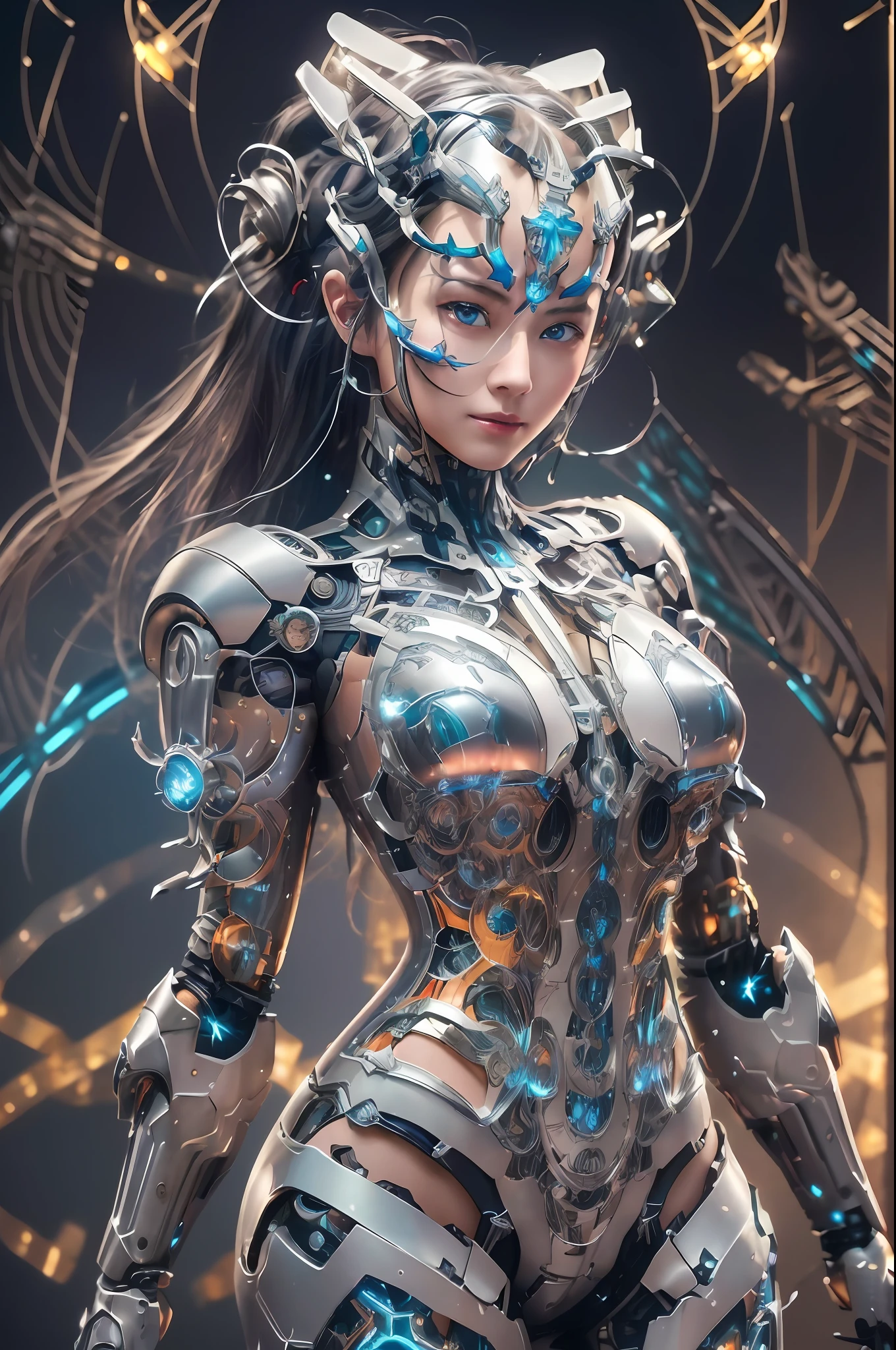 Masterpiece, best quality, super detailed, very detailed illustrations, very detailed, intricate details, high resolution, super complex details, very detailed 8k cg wallpaper, 50MM lens, caustics, reflections, ray tracing, nebulae, dark halos, network effects, (1girl:1.4), solo, alone, mecha musume, mechanical parts, robot joints, single mechanical arm, headgear, mechanical halo, star halo, electric mechanical bodysuit, mecha corset, kimono, full armor, very long hair, white hair, hair between eyes, multicolored hair, blue eyes, glowing eyes, random expression, random action, ancient chinese architecture, starry sky, skyline,