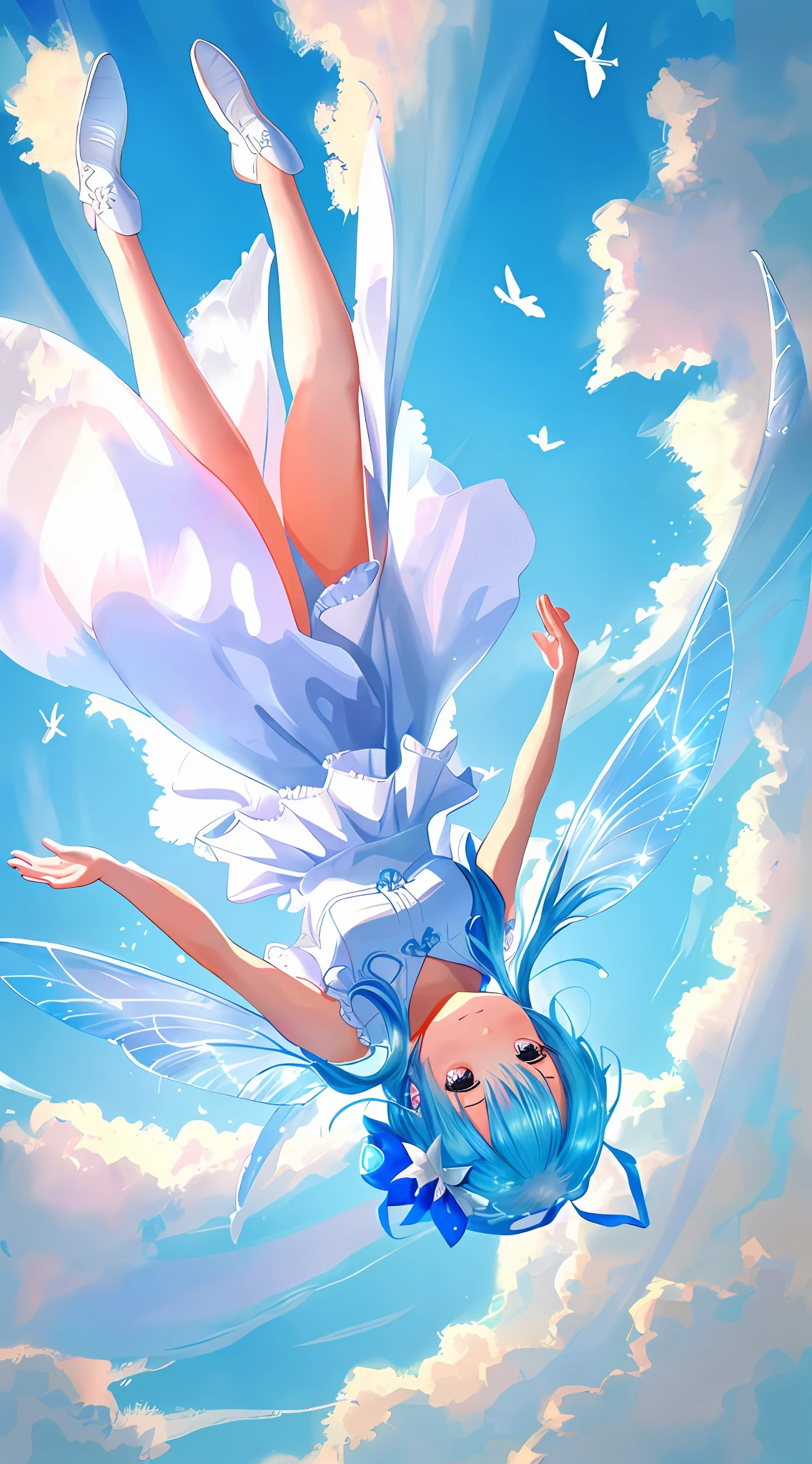 A beautiful fairy in white silk floating in the sky head down and feet up, smiling, hands open, walking upside down on colorful clouds, colorful light, ribbon fluttering, blue sky and blue water, outstanding art paintings, high quality, 8k