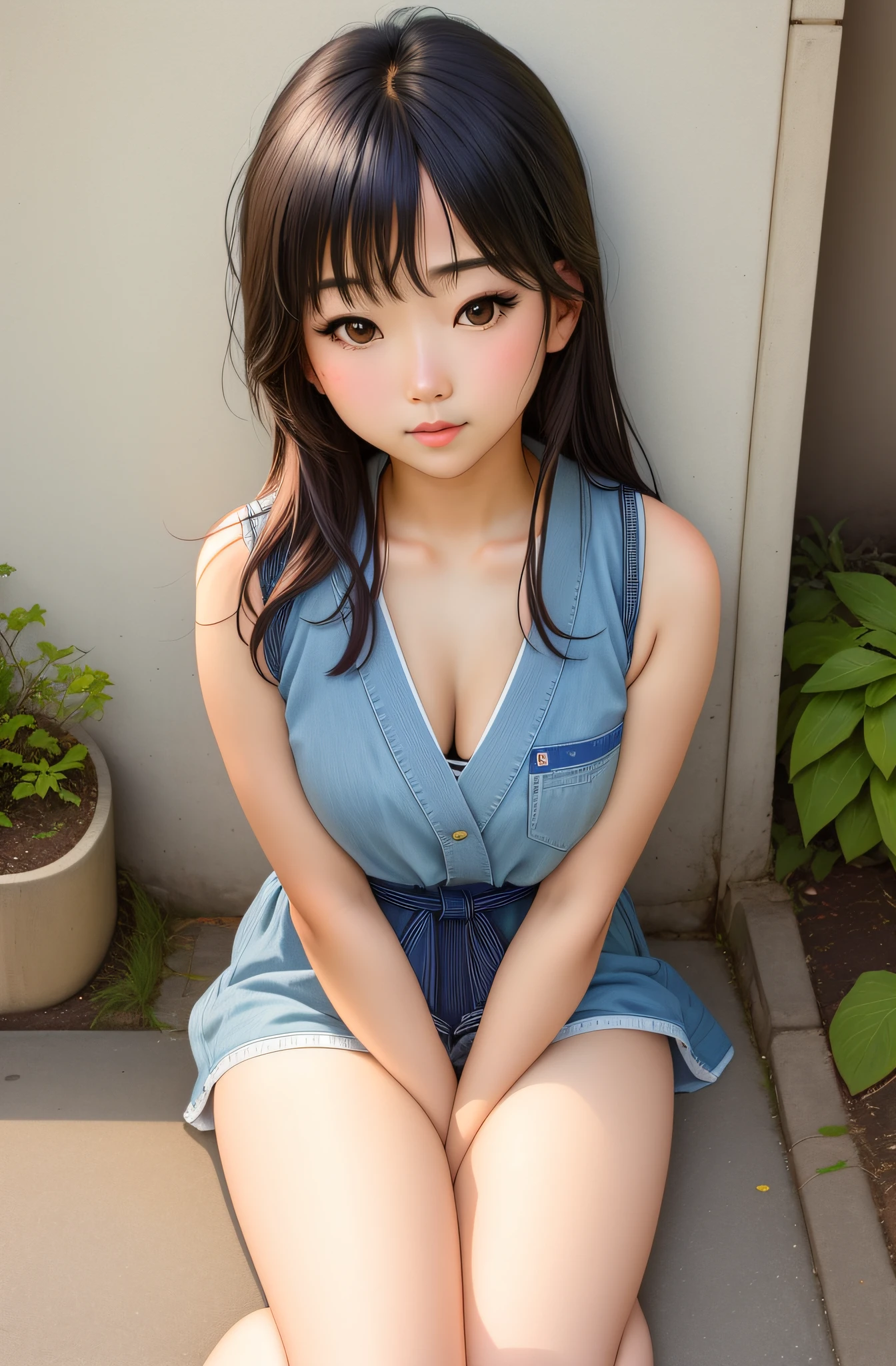 there is a young woman sitting on the ground with her legs crossed, a picture by Torii Kiyomoto, tumblr, shin hanga, young gravure idol, young pretty gravure idol, young skinny gravure idol, realistic young gravure idol, young sensual gravure idol, of a youthful japanese girl, pretty face with arms and legs, chiho