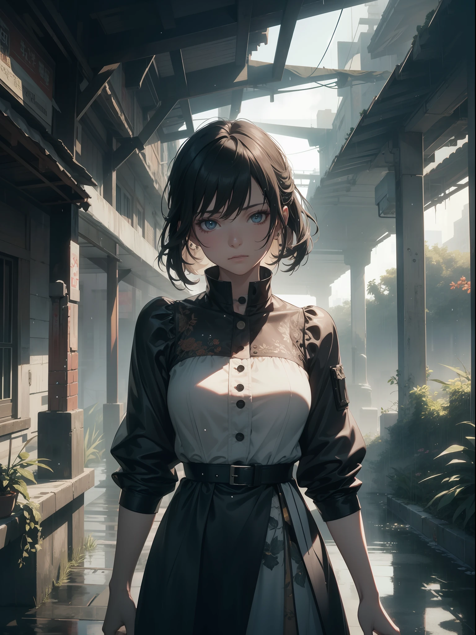 16K, HDR, Ultra HD, Best Quality, Masterpiece, Anime Style, Beautiful Young Woman in Beautiful Garden, It's Raining, Wet, Detailed Raindrops, Cowboy Shot, Wearing a Beautiful Dress, Ultra Beautiful Detail Eyes, Ultra Detailed Face, Complex, Perfect, Model, Texture, Chiaroscuro, Professional Makeup, Realistic, Rough, Dominant, Characters in Frames, by WLOP, Film Lighting, Award-Winning RTX, Ray Tracing, Surreal, Ethereal, Post-apocalyptic, Dystopia, Cyberpunk, Night , neon, desperate, dynamic intense
