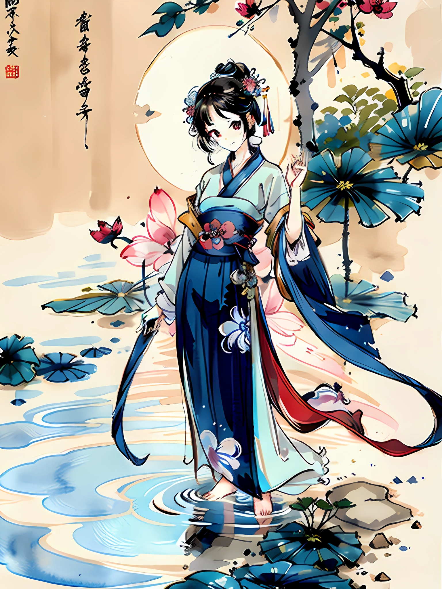 (pastel), artwork, ink, Chinese painting, watercolor, light color, 1 beautiful girl, Chinese style, antique clothes, Hanfu, dressed conservatively, solo, long hair, smile, standing, feet in water, barefoot, (illustration: 1.1), (panorama: 1.4), (full body: 1.05), (single: 1.2), (splashed ink), (splashed color), (watercolor), close-up water flow, lotus, rock, distant ancient buildings and mountains, beautiful and intricate clothing pattern details, (meticulously portrayed face), (delicate facial features), delicate hair portrayal, (delicate eye portrayal), meticulous finger portrayal, (best quality), (masterpiece: 1.1), ultra-clear resolution, 8k wallpaper, UHD, more details, high quality, high detail, rich details, high score efficiency