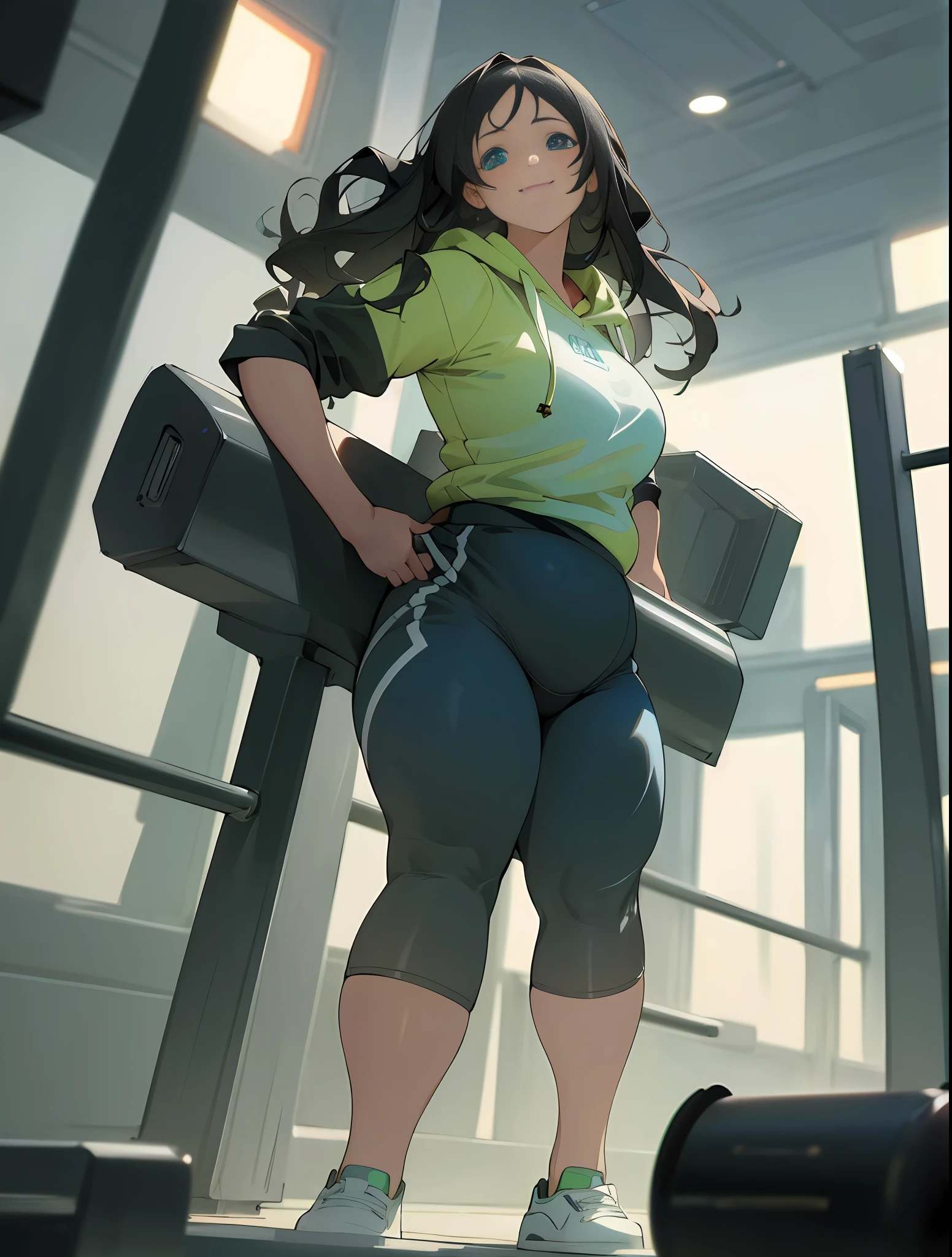 Full body photo, 1 girl, (((closeup of fat woman in workout clothes posing at gym for photo))), black long hair, Heterochromia eyes,Anime touch,Kyoto Animation,Game model,Tilted head, Smiling, Hoodie, Gym shorts with slit, Legs apart, High detail, 8K, Super detail, High Definition, Best Quality, High Quality, High Quality, High Detail, Textured Skin, Masterpiece,(((Slim Waist)))(Neat Appearance))), (((beautiful_face)), (Beautiful Detail Eyes), (Film Lighting))))), (Masterpiece), ((long_hair), ((Viewer),(Soft Saturation: 1.3), (Fair Skin: 1.2), (((Cinematic Angle))))), ( (highest quality}, {{masterpiece}}, {high definition}, original, highly detailed 8K wallpaper, 1 girl, {very delicate and beautiful},)), ((ray tracing, {best quality}, {{masterpiece}, {high definition}, original, high definition 8K wallpaper, {very delicate and beautiful}, colorful and intricate details, art book))), (cinematic angle)), (high resolution))), ( Image (Medium)