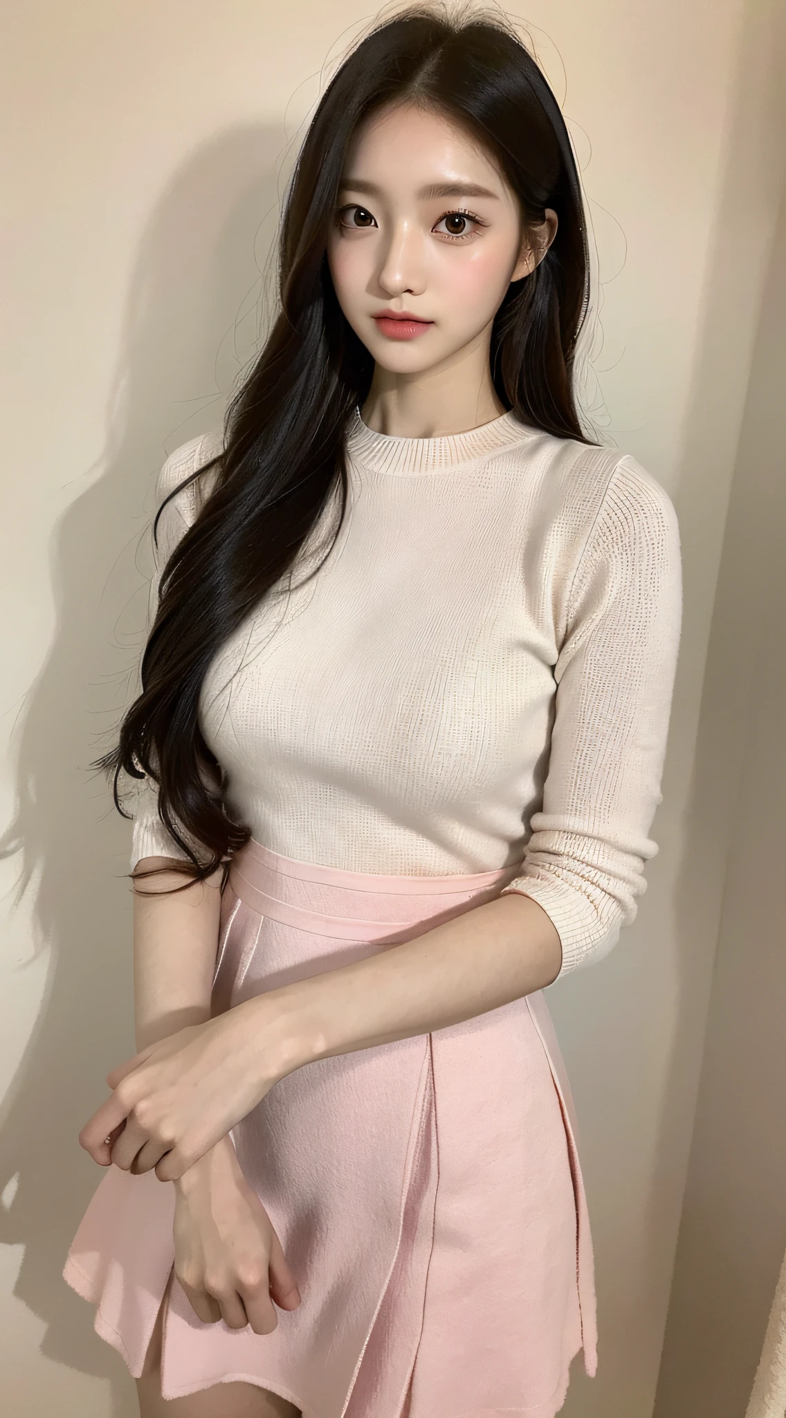 Korean women, goddess, long hair, delicate skin texture and cloth texture, delicate eyes, long eyelashes, double eyelids, upper body, hotel, 8k, highest image quality, masterpiece, super high resolution: 1.2, beautiful female photo with theme of girly elegant style, Aalfi in dress, (zettai ryouiki), preppy style dress, cashmere fabric, preppy style, femininization in cute pastel tones, femininity in soft tones, wearing smooth dresses, soft tones, pastel colors, light clothing, pastel tones, pastel clothing, Korean female fashion model, pastel style, multi-layered clothing, wearing elegant clothing, soft and cute colors