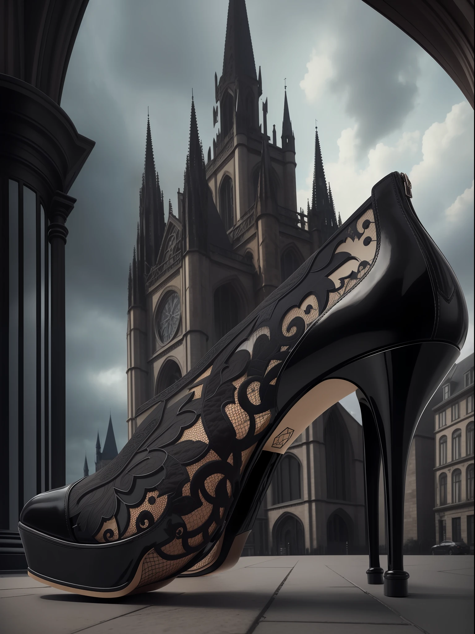 A pair of shoes, high heels, gothic, dark wind, high street, Balenciaga style, Gothic palace in the background, openwork, sexy