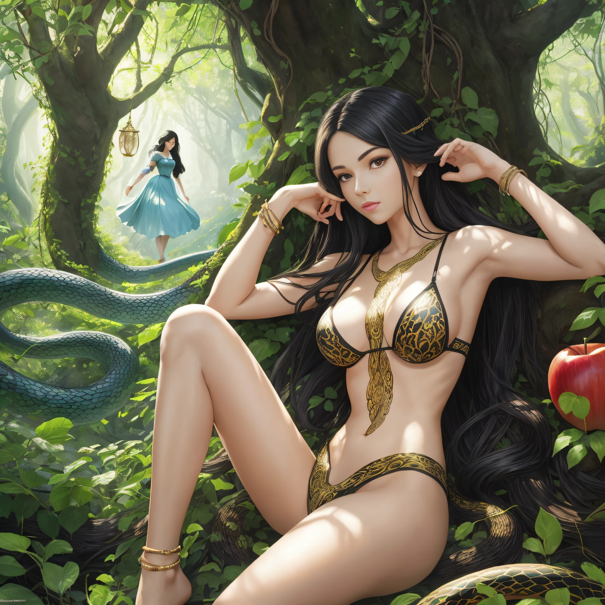 Full body, EVA Rapunzel girl with graceful figure with black hair in the Garden of Eden, girl's body sexy, legs long and graceful, graceful ankles, in the background tree of life on which serpent tempts and red apple of life knowledge, serpent tempts girl, photorealism, super detailed, site 500px, contrast lighting, outline around girl, fill light is soft, 32k