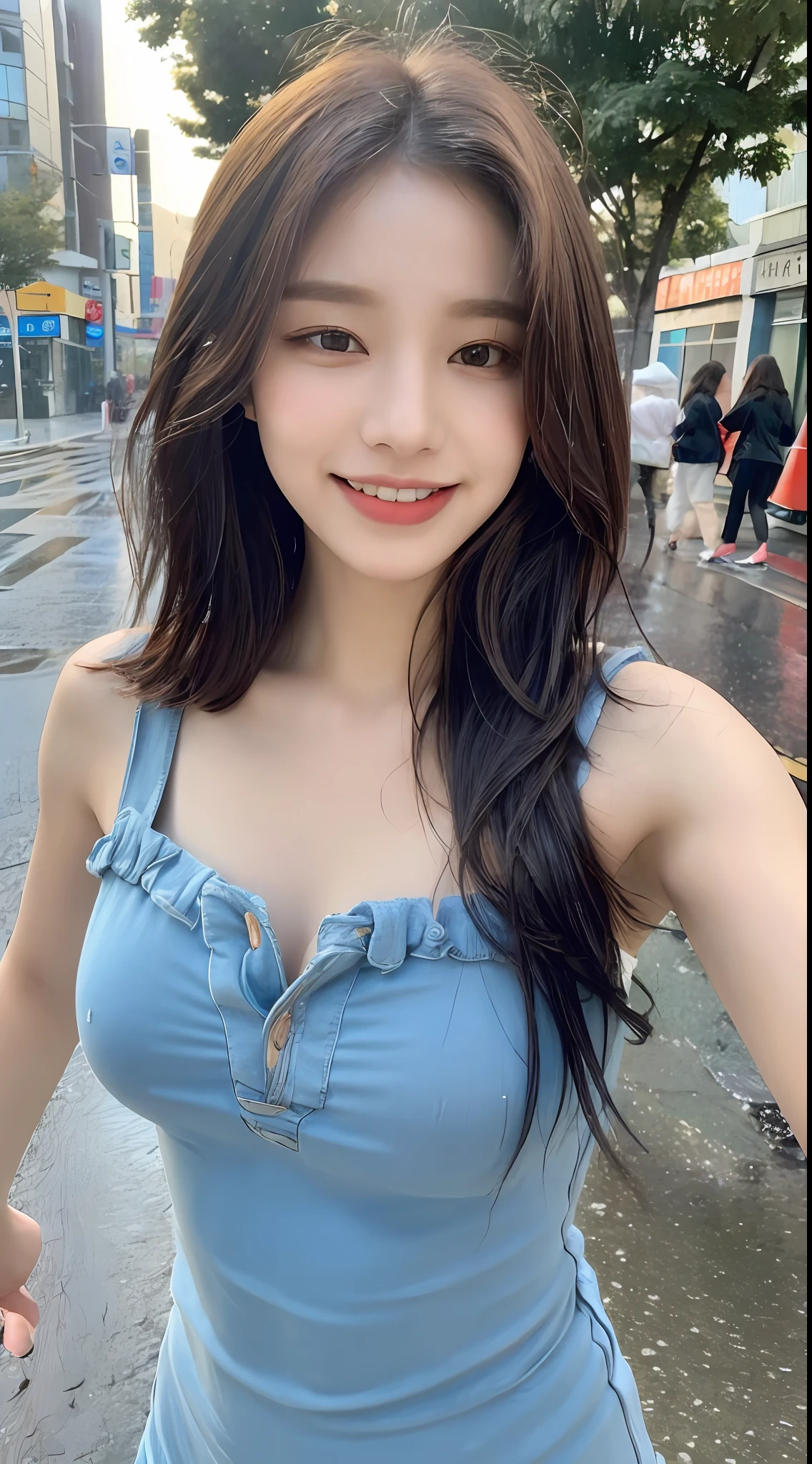 ((Best Quality, 8K, Masterpiece:1.3)), Focus: 1.2, Perfect Body Beauty: 1.4, Buttocks: 1.2, ((Layered Haircut, Breasts: 1.2)), (Wet Clothes: 1.1), (Rain, Street:1.3), Bandeau Dress: 1.1, Highly Detailed Face and Skin Texture, Fine Eyes, Double Eyelids, Whitening Skin, Long Hair, (Shut Up: 1.3), Smile