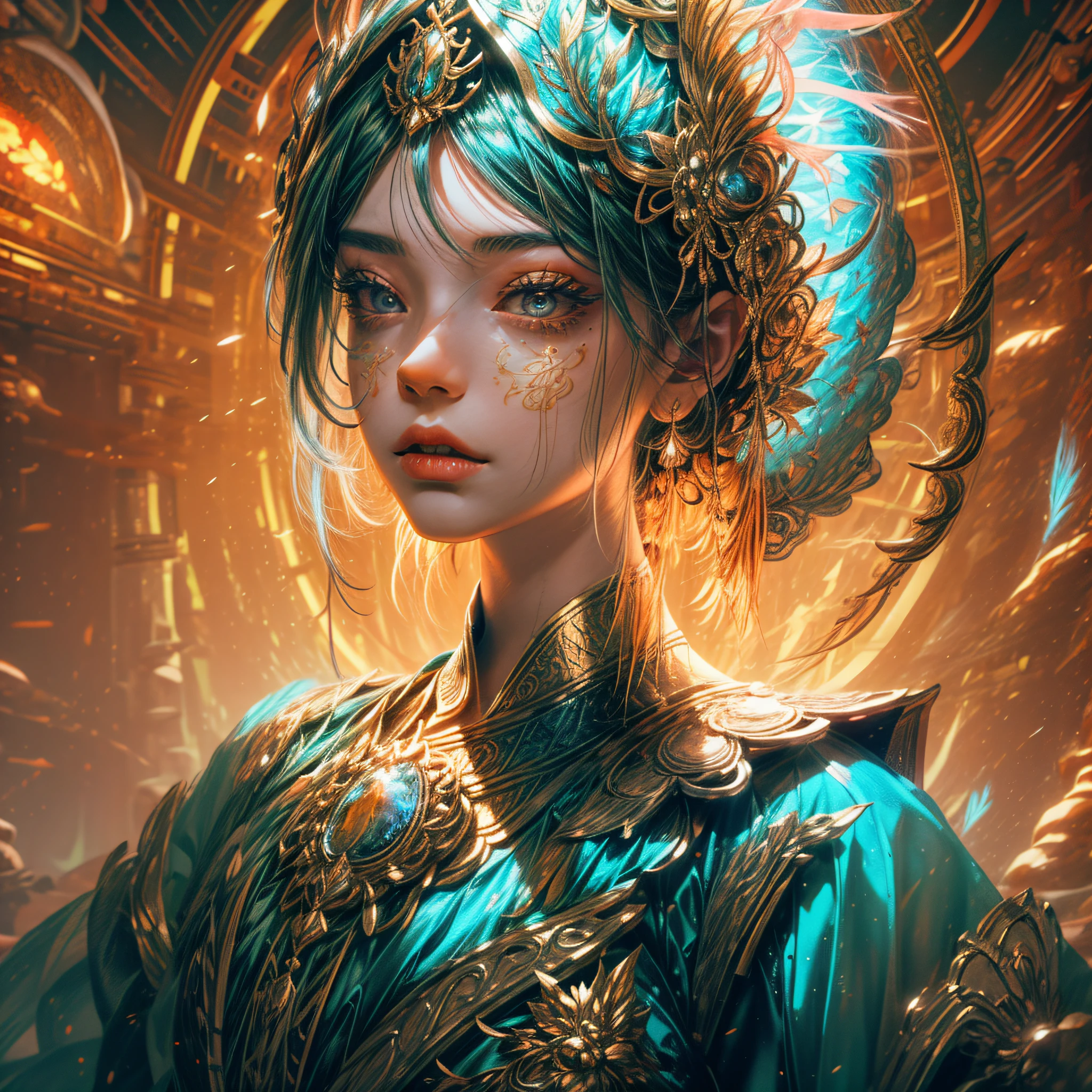 Best image quality, masterpiece level, ultra-high resolution, realism, fantasy theme, face close-up, a girl, single, scatter, fairy tale theme, ancient Chinese architecture, interior, phoenix decoration, get detailed indoor lighting and movie lighting, increase detailed overall ambient light, face and eye details, improve the realism of face details, clearly express sharp focus, sob, mouth bite, frown, fairy costumes, bright eyes, simple background.