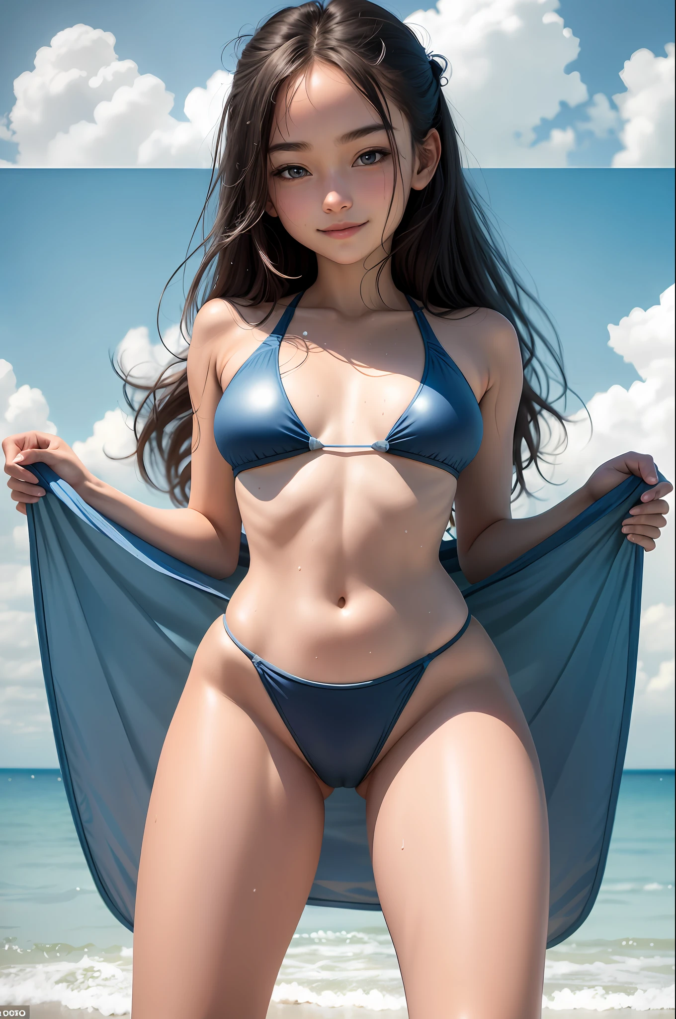 (Masterpiece: 1.2), Top Quality, Masterpiece, 1 Girl, School Swimsuit, Squishy Water, Very Elaborate, Beach, Brilliant, Professional Lightness, Thin Thighs, Slim Body, Innocence, Smile, Moist Texture, Sweaty, Lori, Beautiful Girl, The shape of the tip of the is clearly visible, Nipples, Mastoid, Angle from below, Open legs, Squat, Open crotch,
