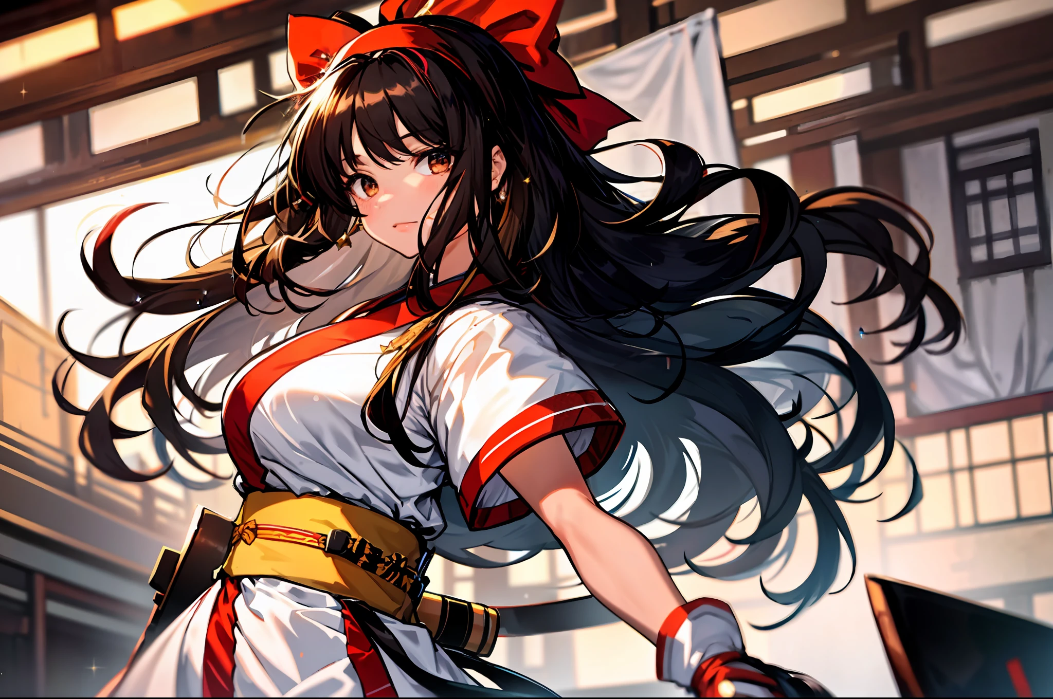 masterpiece, best quality,1girl, solo, nakorurums, red bow, bow, long hair, hair bow, ainu clothes, solo, hairband, black hair, fingerless gloves, short sleeves, gloves, sash, bangs, red hairband, breasts, brown eyes, white pants, japanese clothes, masterpiece, (sparkle: 1.3), relax, (illustration: 1.5), (brush), character selection screen