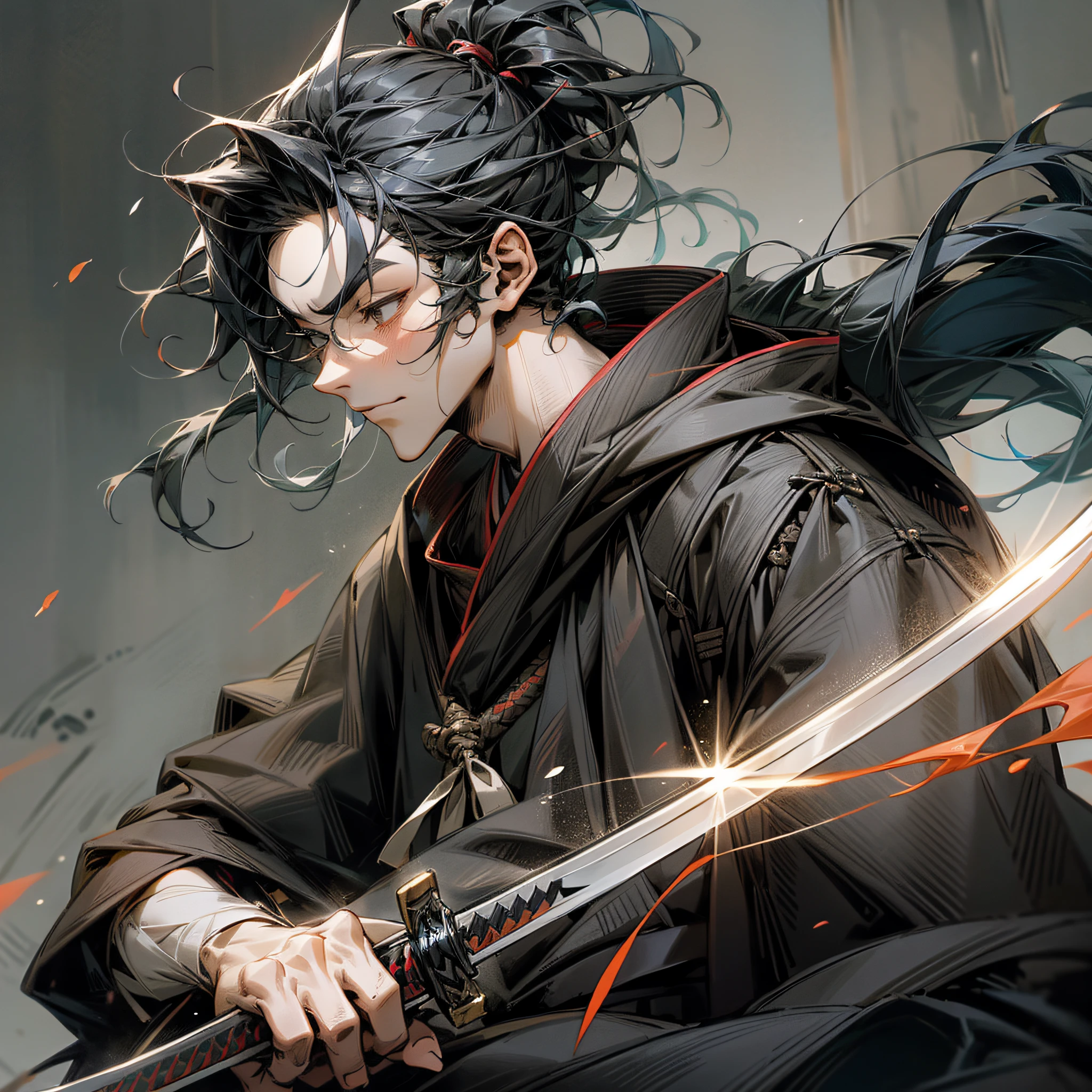 A man wearing a black robe, with hair tied up and a katana in his hand. --auto --s2