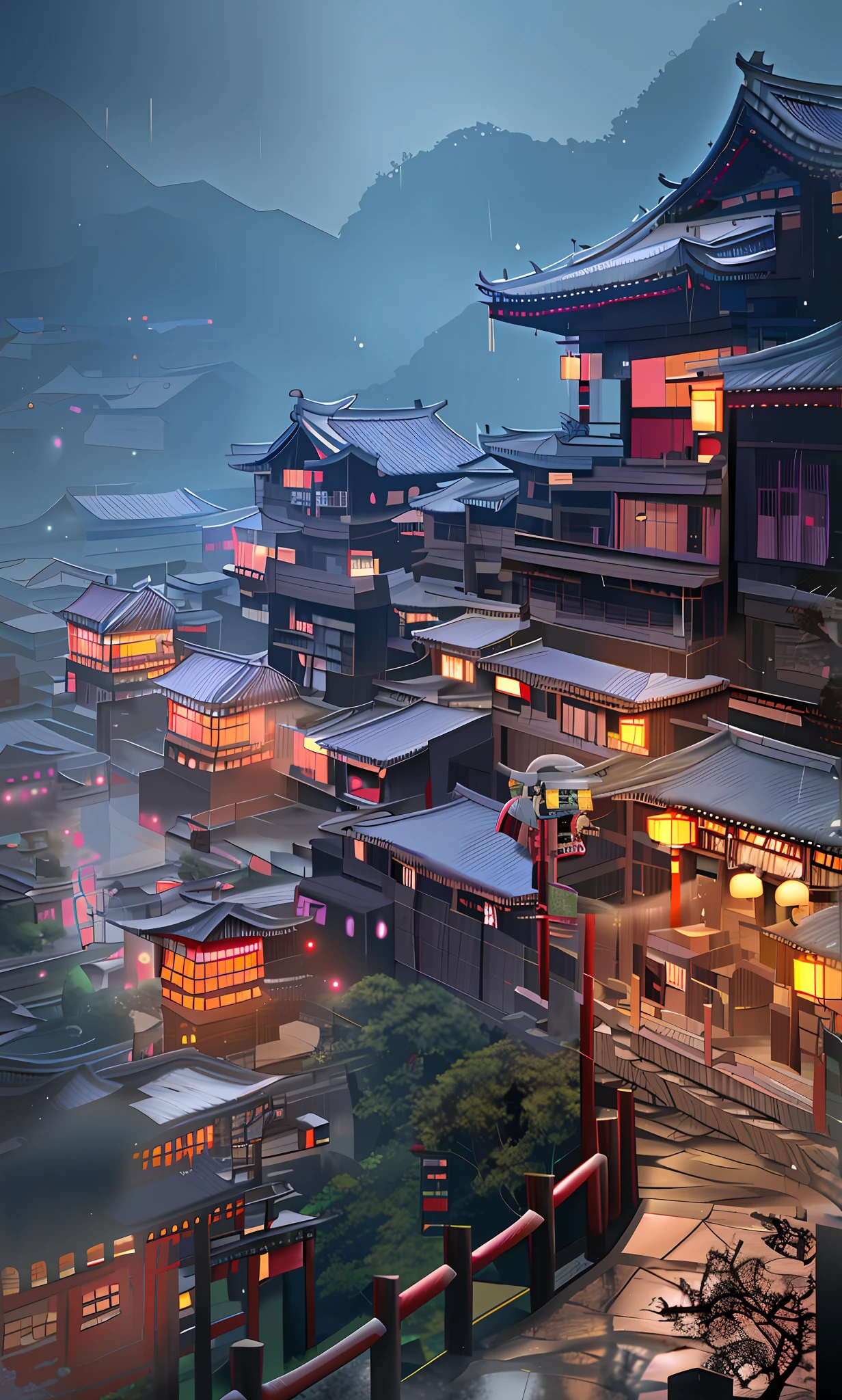 arafed view of a village, lots of lights on buildings, fantastic chinese town, chinese village, amazing wallpapers, japanese town, japanese village, surreal photo of a small town, old asian village, japanese city, Raymond Han, rainy night, cyberpunk ancient Chinese castle, beautifully lit building, evening in the rain, beautiful and aesthetic, photography, film, 8k, high detail ((heavy rain))), black and white, lines