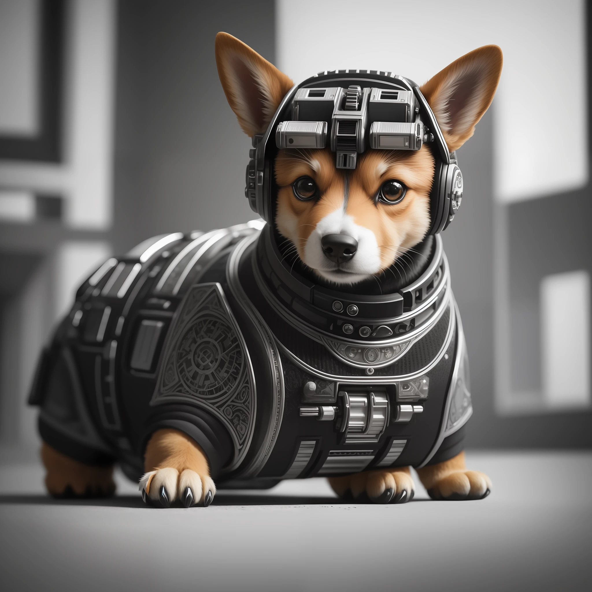a crisp photograph of a cute cybernetic corgi puppy, (cyborg:1.4), (intricate details), hdr, (intricate details, hyperdetailed:1.2), cinematic shot, centered, stark lighting, looking away from camera, hyperrealism hyperdetailed fur, real dog fur, Fujifilm XT3