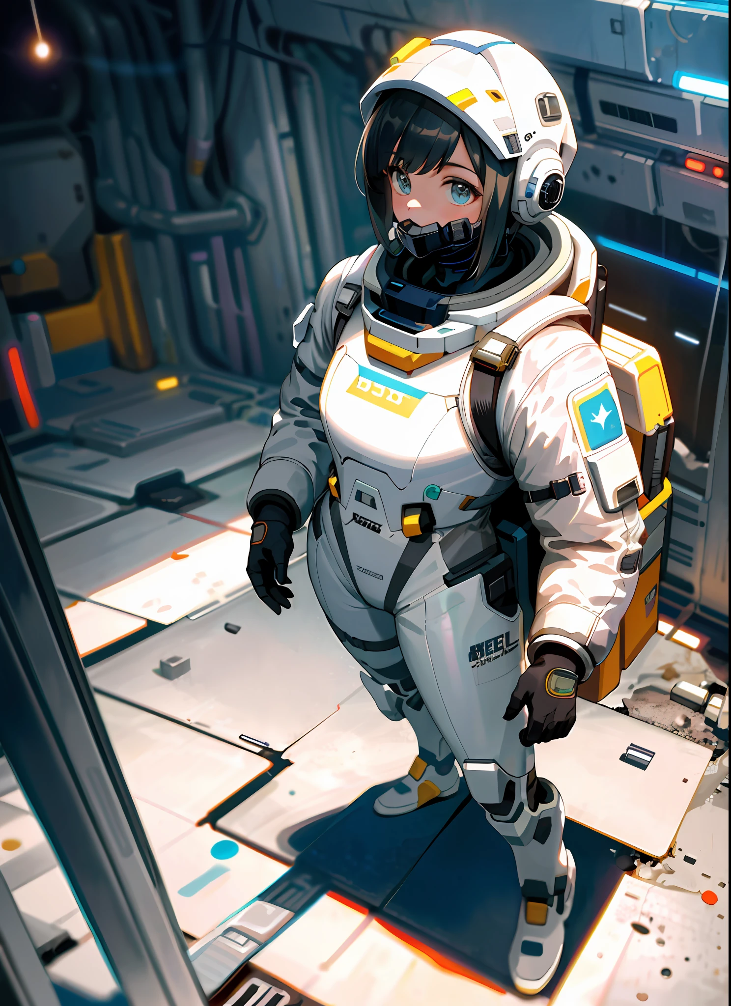 masterpiece, hyperdetail, Illustrations, 1 girl, spacesuit, full body, post-apocalyptic wasteland, third person,