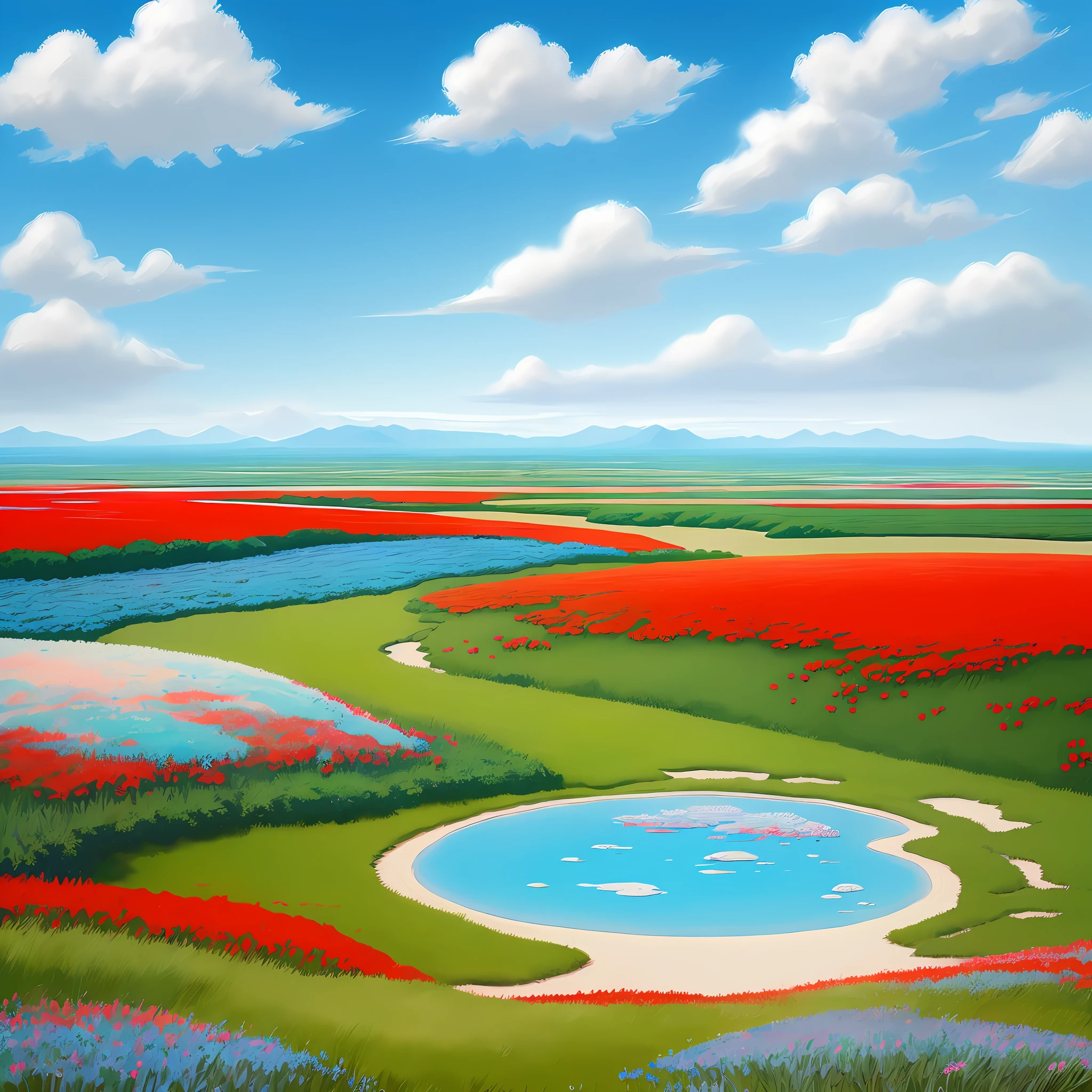 Real, real, beautiful and amazing landscape oil painting studio Ghibli Miyazaki petals steppe with blue sky and white clouds, the ground is full of red flowers. --v6