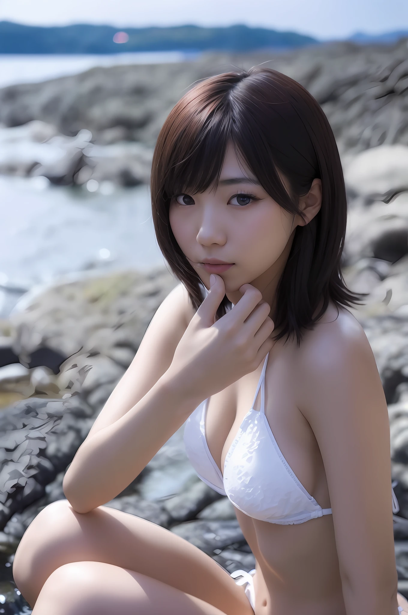 Japan woman in white bikini sitting on rocks by the water, realistic young gravure idol, young pretty gravure idol, young sensual gravure idol, young gravure idol, sophisticated gravure idol, young skinny gravure idol, big, Japan person, Nogizaka 46, big, big breasts, erotic