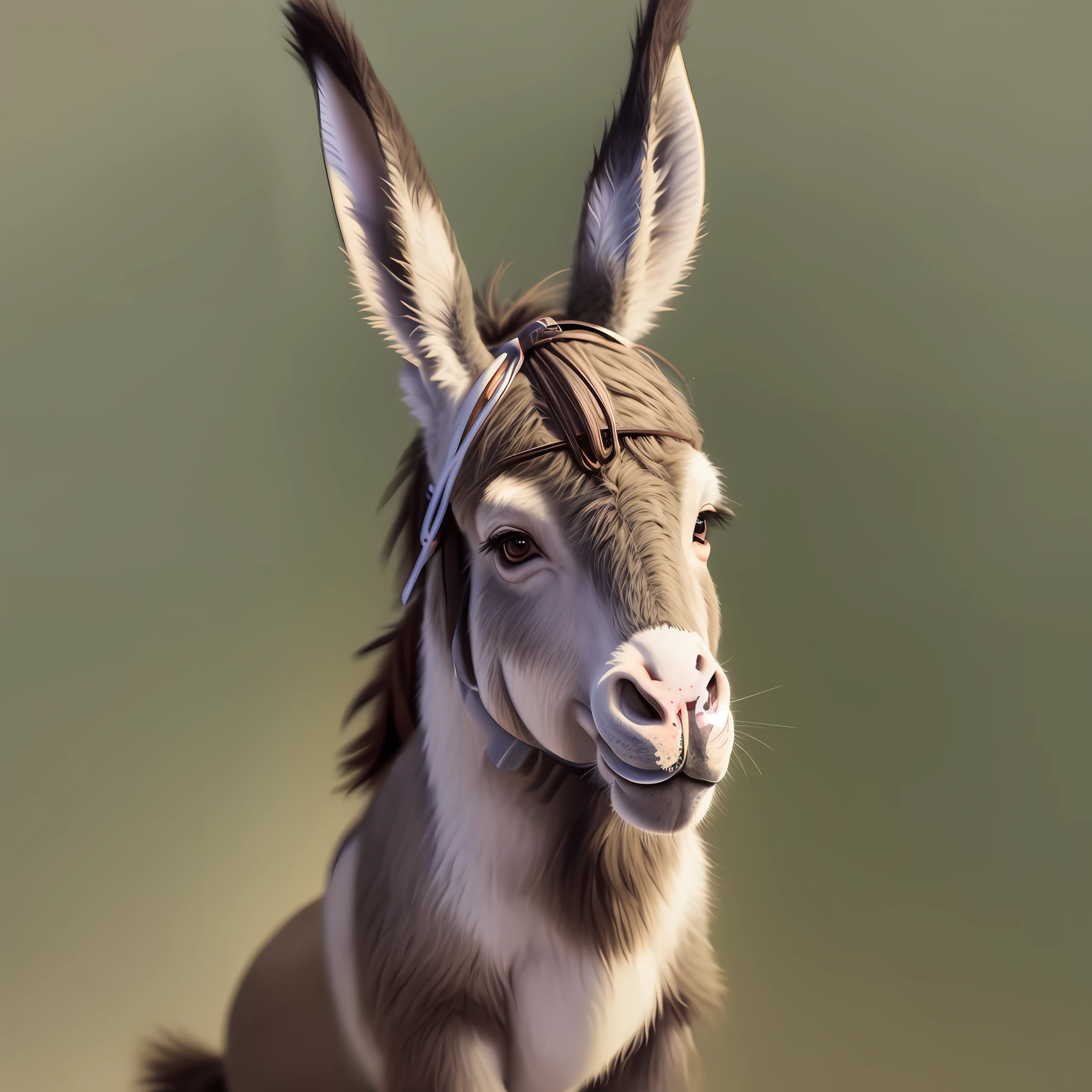 There is a donkey wearing the reins, donkey ears, donkey, digital art animal photos, cute digital paintings, wild beautiful donkeys, "portraits of cartoon animals, highly realistic photos, surreal illustrations, realistic illustrations, digital paintings, mules, close-up portrait shots, realistic pictures, pointed ears, digital paintings, ultra-realistic pictures, donkey glasses to be very cute