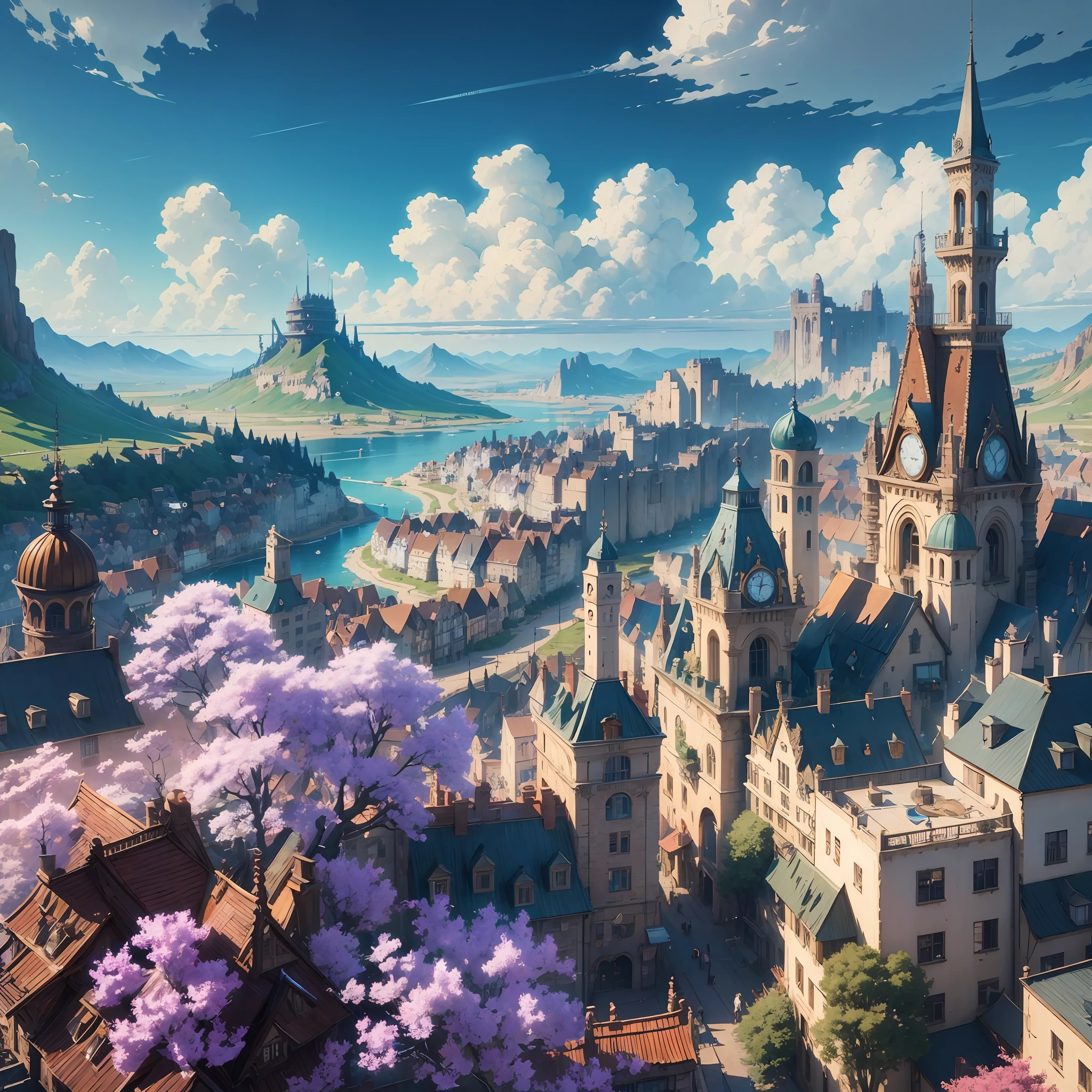 masterpiece, best quality, (very detailed CG Unity 8k wallpaper) (best quality), (best illustration), anime, aerial town, tower, (steampunk) theme, glow, ultra hd, village, flowers, blue sky, --auto --s2