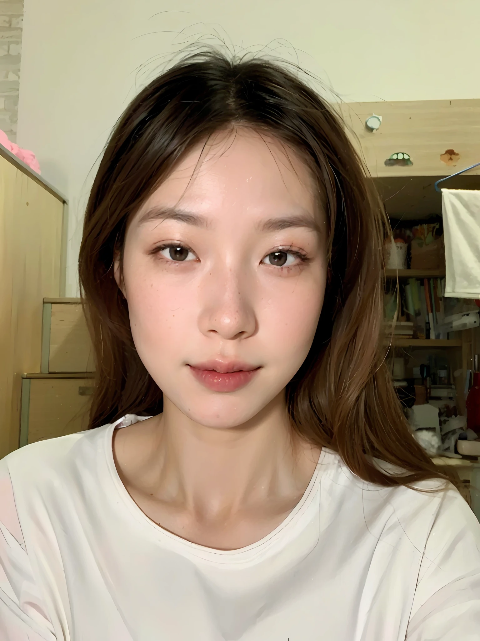 Double eyelids, pink lips, professional makeup, happy smile, bright glasses, (big eyes: 1.1)