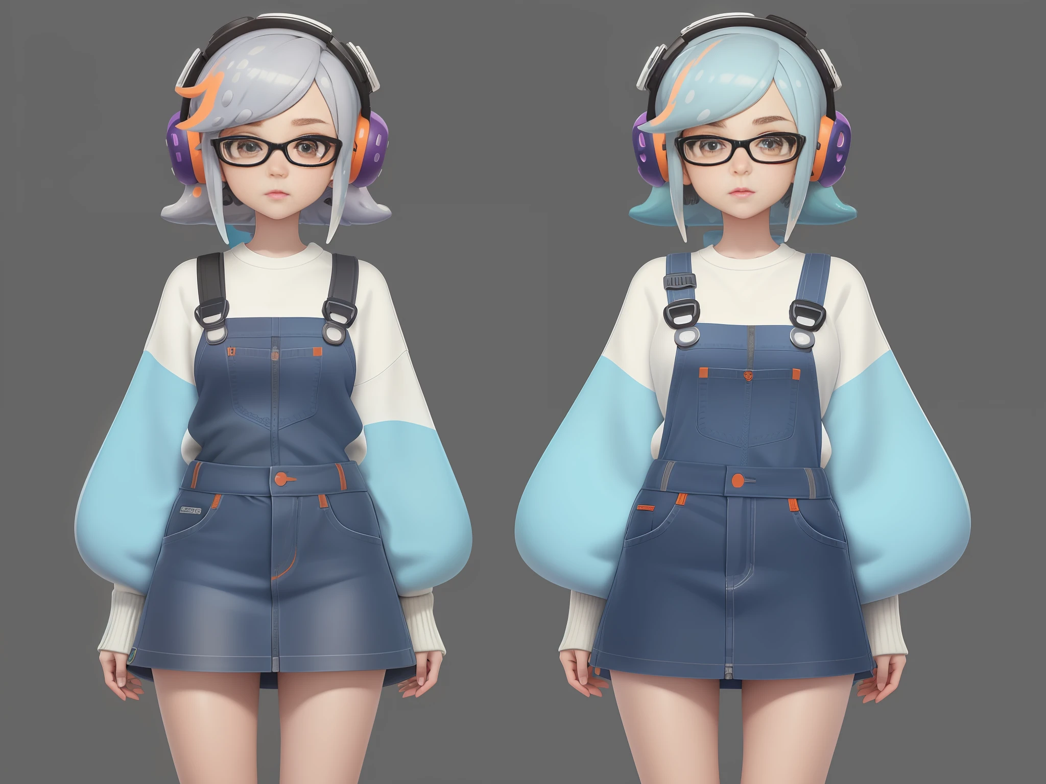 Splatoon, splatoon style, CG drawing style, cute beautiful girl, beautiful detailed face, ultra-detailed captivating eyes, fun and playful hairstyle, gray blue hair, orange sweater, light blue short skirt, head to body ratio is about 1:3 or 1:4, white background or simple background, full body, masterpiece, best quality, artwork, ultra-detailed