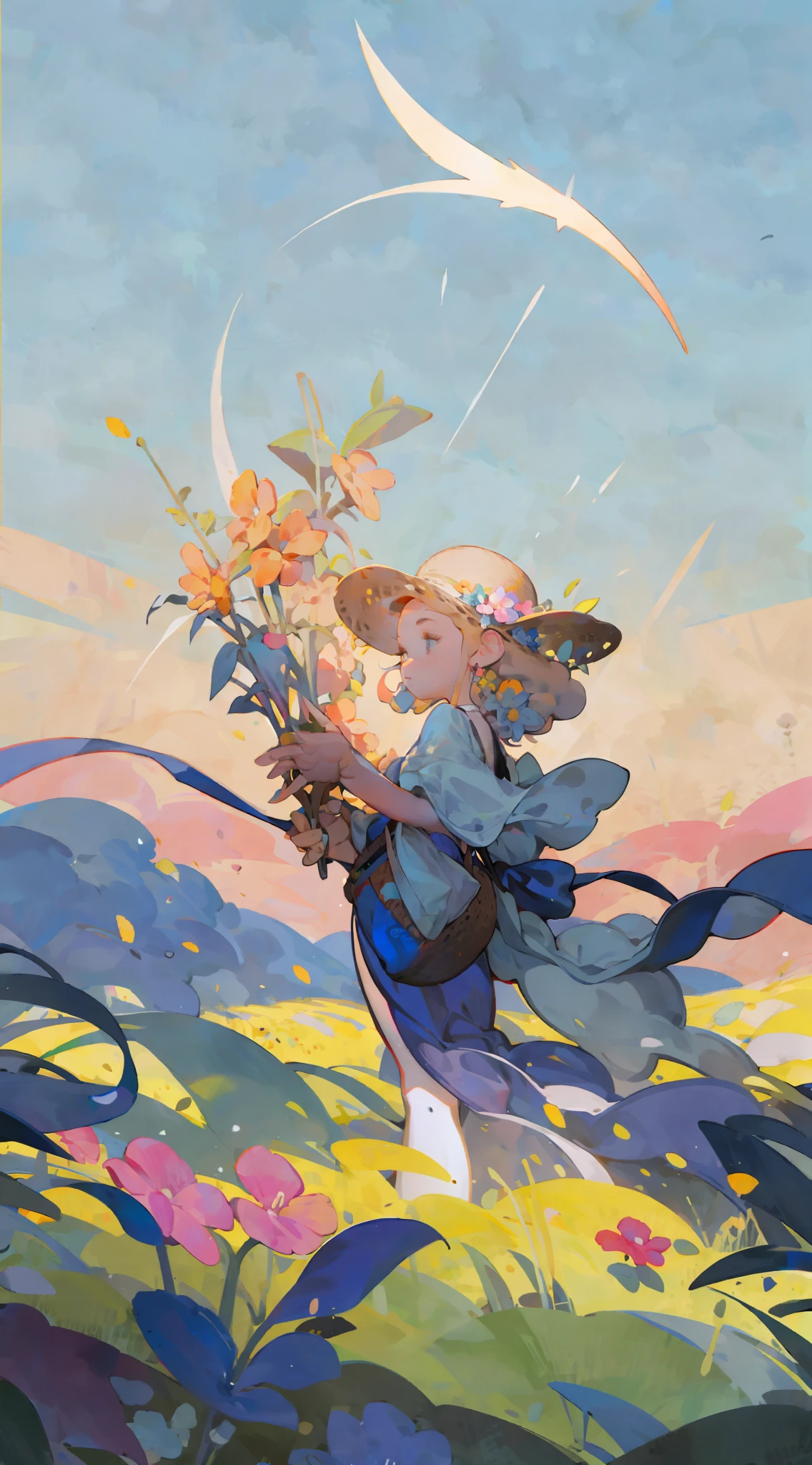 You are a beautiful girl with a straw hat and flowers in your hand, standing on the prairie, the breeze blowing