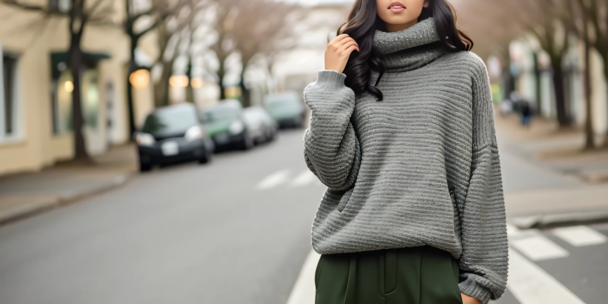 arafed woman in a gray sweater and green pants posing for a picture, wearing sweater, wearing a sweater, wearing casual sweater, designed for cozy aesthetics!, grey sweater, grey clothes, casual clothing style, modern casual clothing, style of yoshii chie, wearing an oversized sweater, wearing turtleneck, wearing a grey hooded sweatshirt