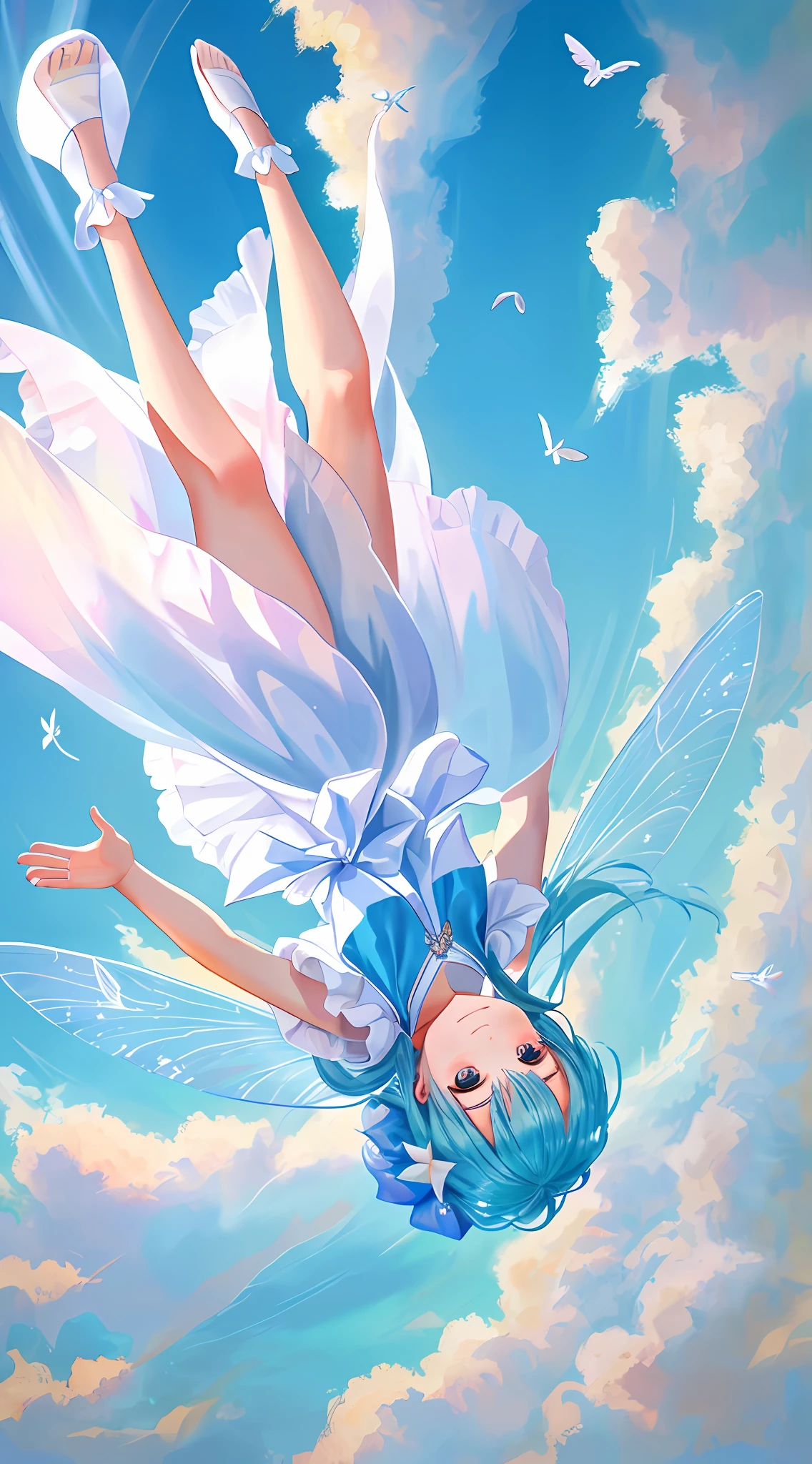A beautiful fairy in white silk floating in the sky head down and feet up, smiling, hands open, walking upside down on colorful clouds, colorful light, ribbon fluttering, blue sky and blue water, outstanding art paintings, high quality, 8k